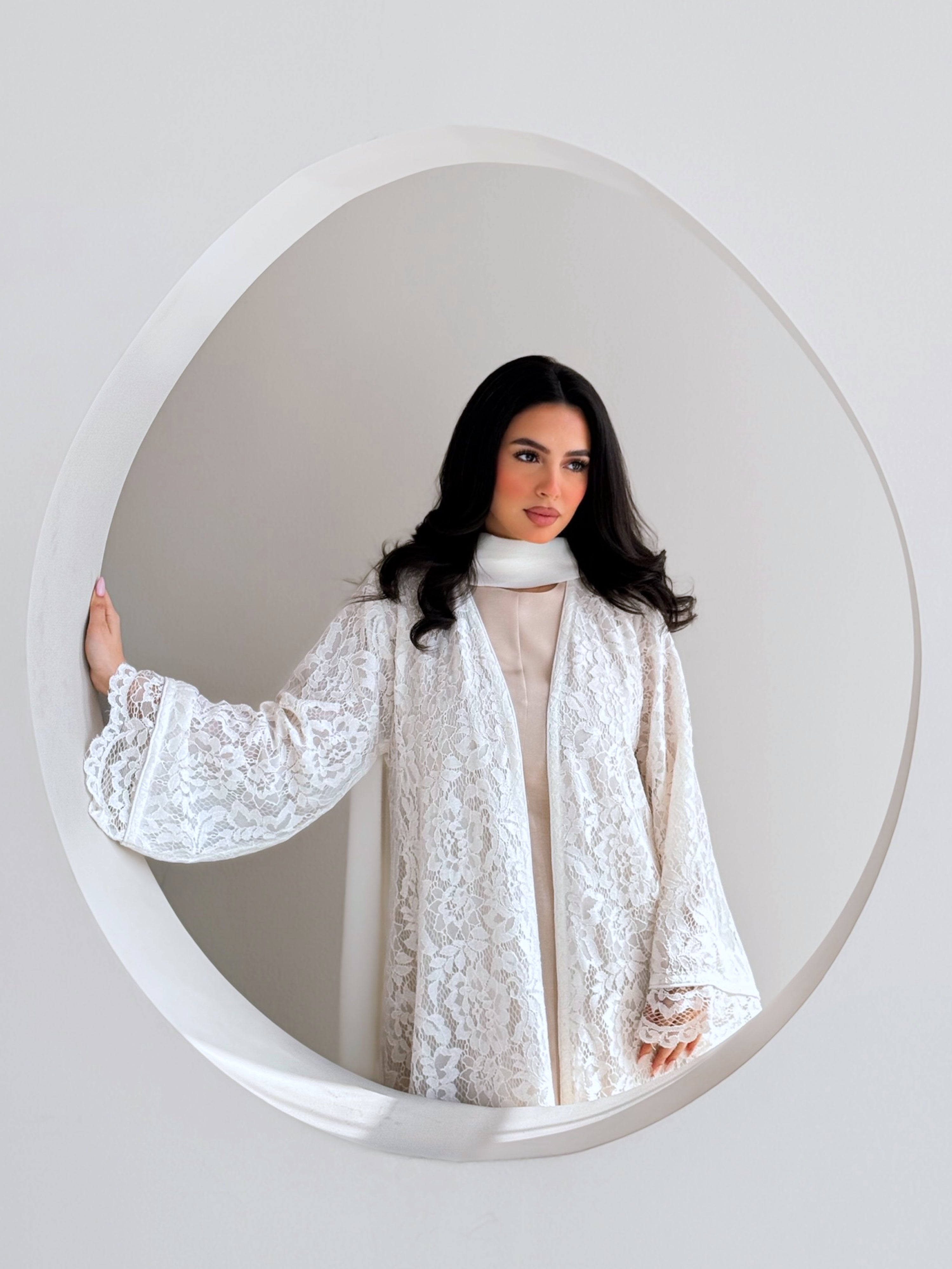 MEI712 - Off White Lace Abaya with Matching Headscarf