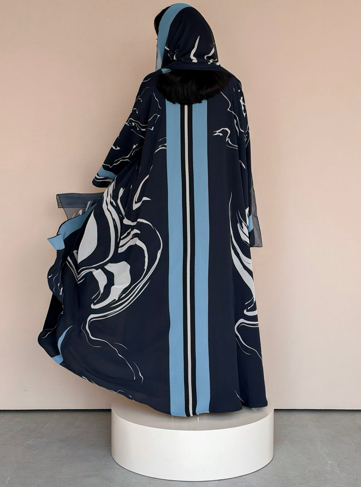 MEI787 - Swirl Print Half Bisht Abaya with Matching Headscarf