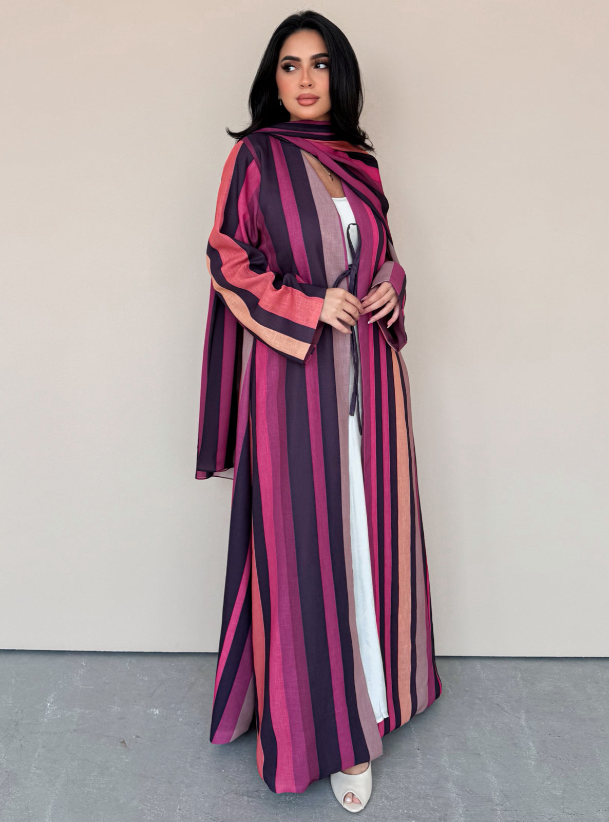 MEI764 - Striped A-Cut Linen Abaya with Matching Headscarf