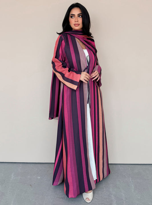 MEI764 - Striped A-Cut Linen Abaya with Matching Headscarf