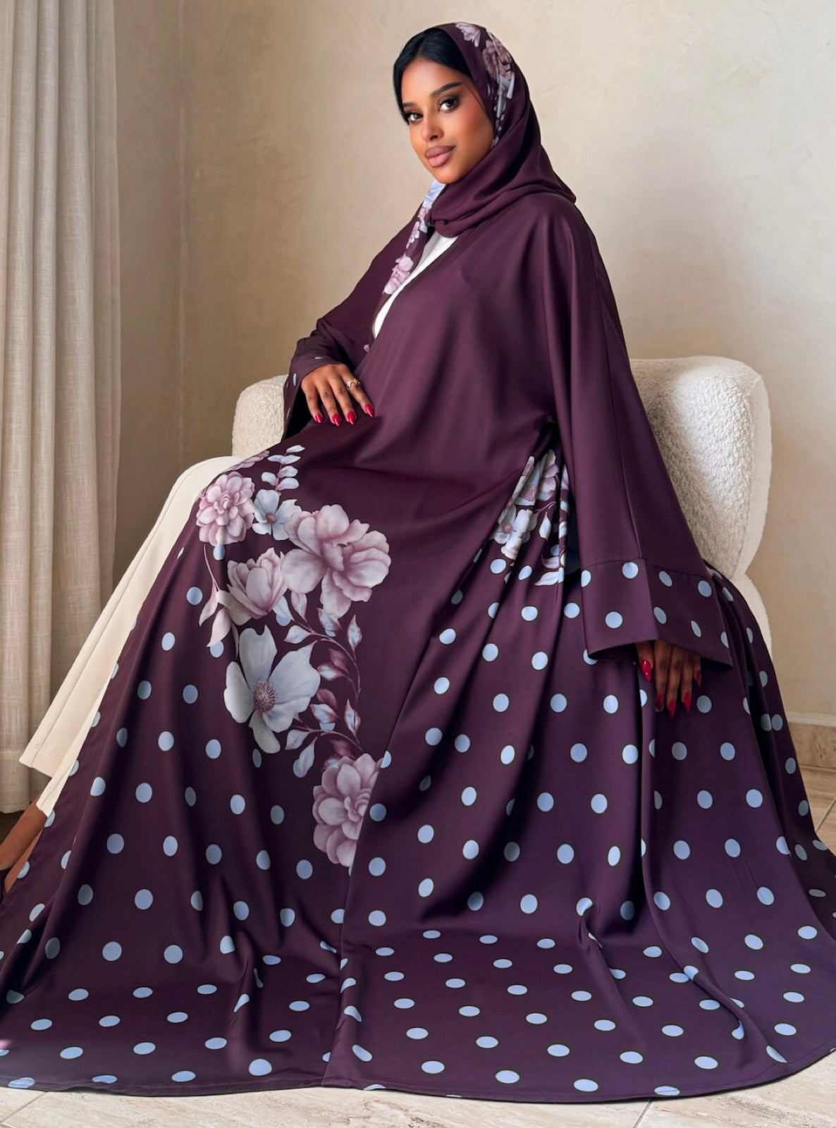 MEI742 - Plum Half Bisht Polka Floral Abaya with Matching Headscarf