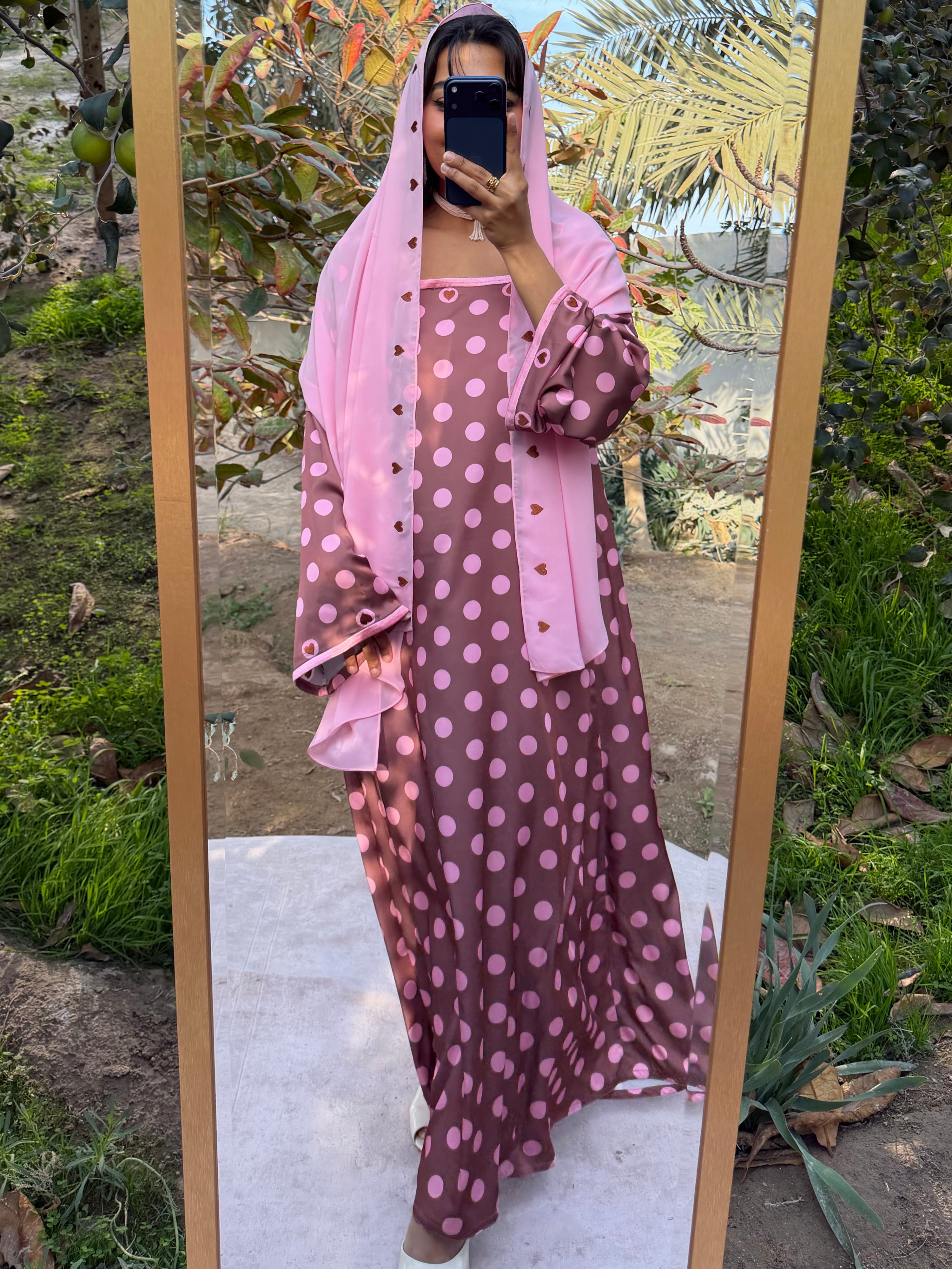 MEI692 - Brown/Pink Polka Dots & Hearts Embroidered Jalabiya with Headscarf