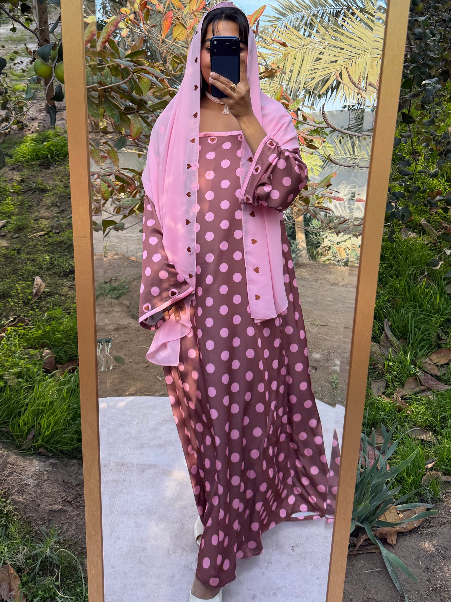 MEI692 - Brown/Pink Polka Dots & Hearts Embroidered Jalabiya with Headscarf