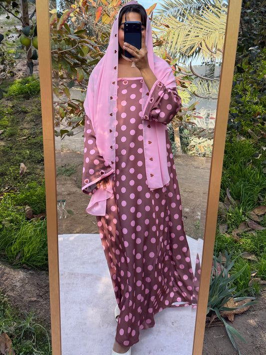 MEI692 - Brown/Pink Polka Dots & Hearts Embroidered Jalabiya with Headscarf