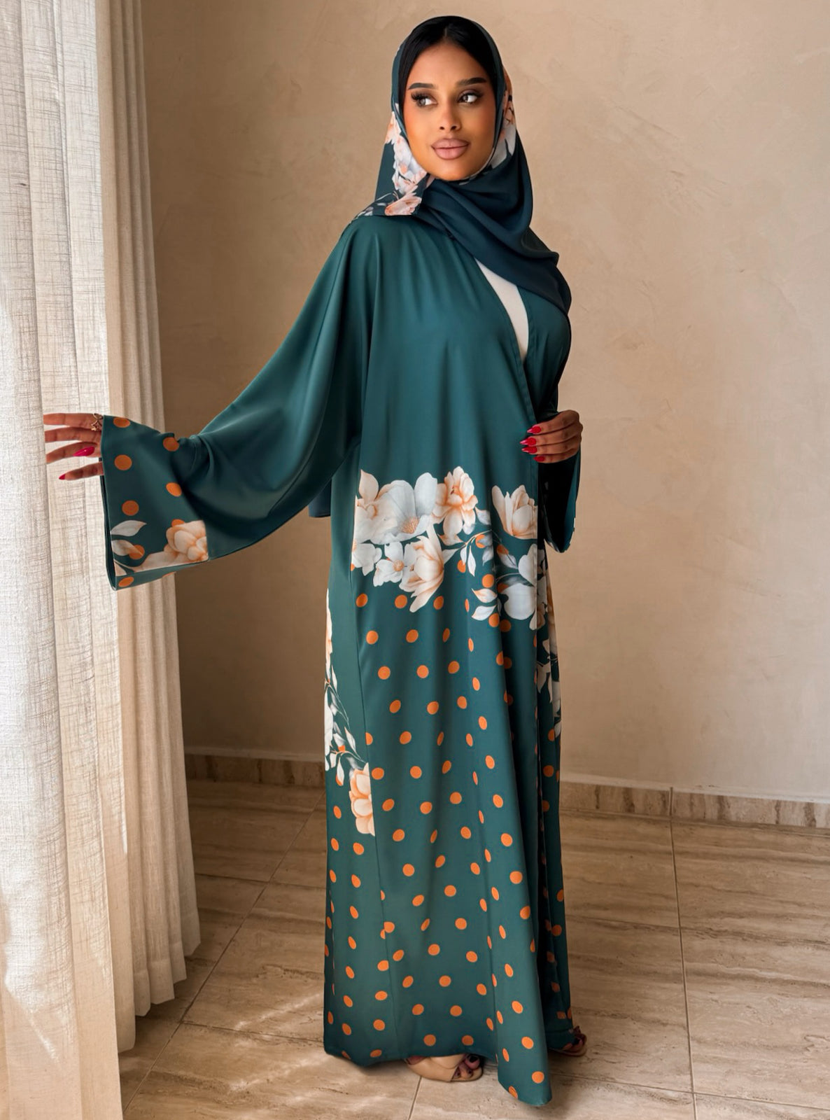 MEI739 - Teal Half Bisht Polka Floral Abaya with Matching Headscarf