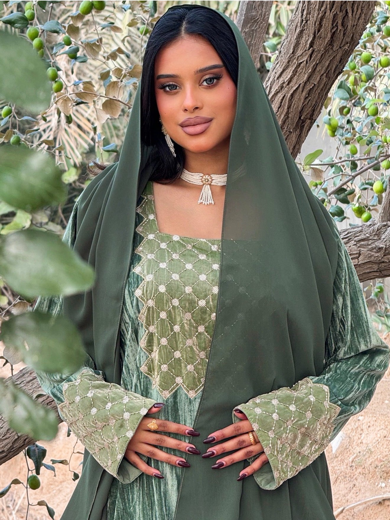 MEI669 - Green Velvet & Embroidered Silk Jalabiya with Headscarf