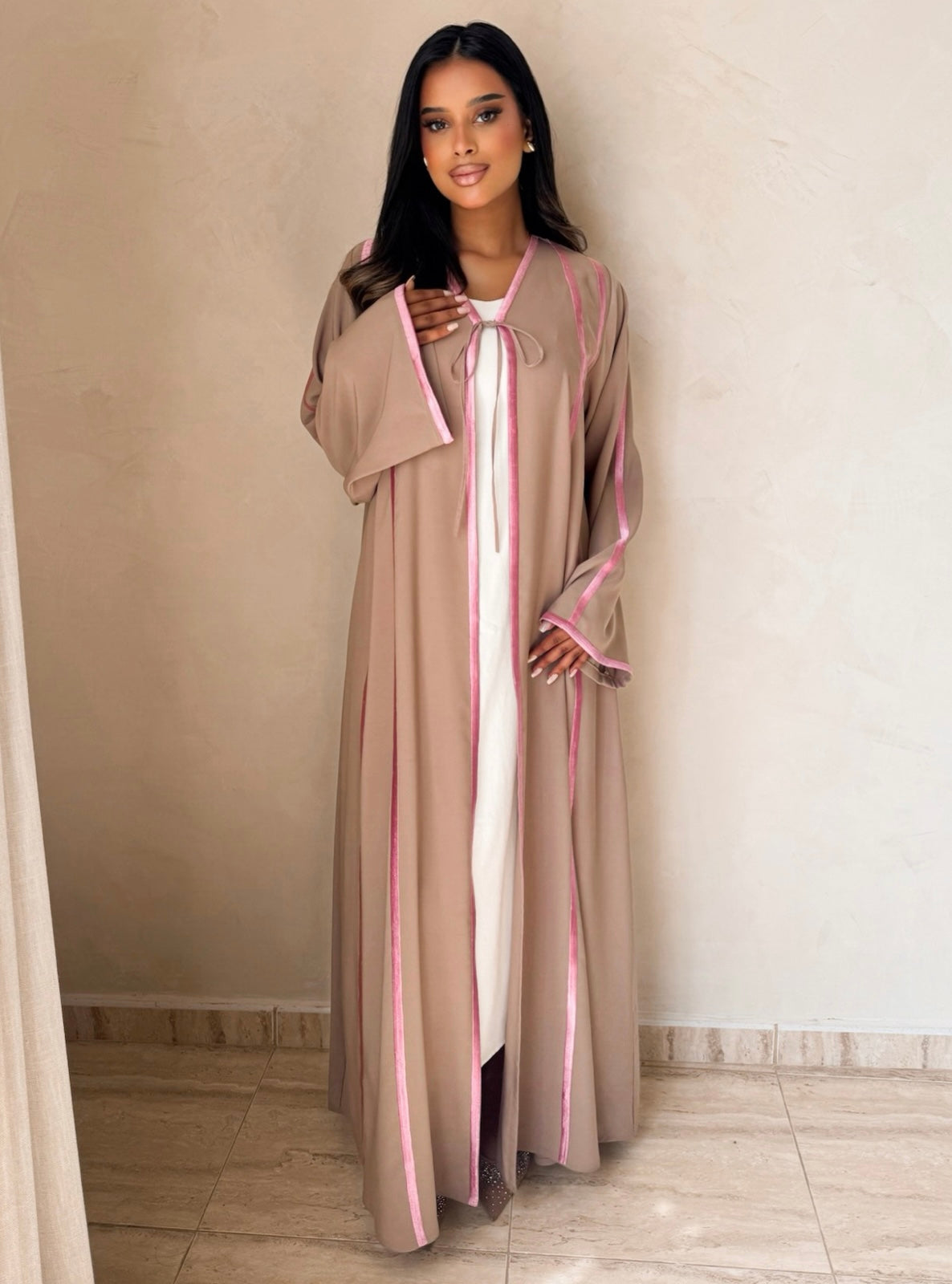 MEI737 - Dark Beige A-Cut Abaya with Pink Embroidery & Matching Headscarf