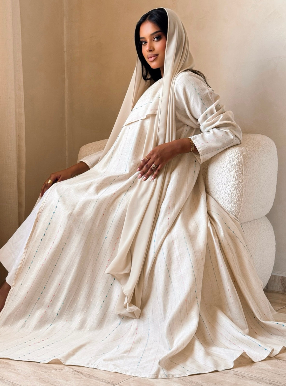 MEI746 - Striped Soft Ivory A-Cut Linen Abaya with Matching Headscarf