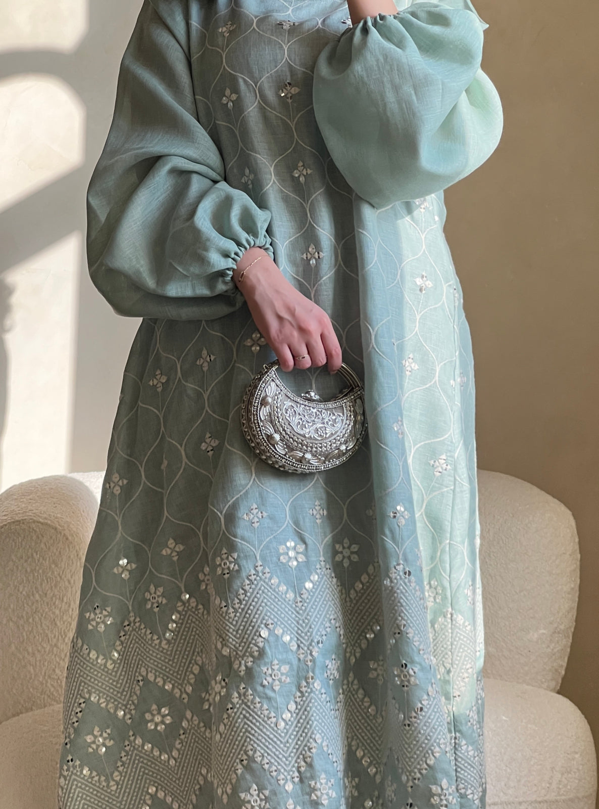 MEI527 - Light Turquoise Embroidered Jalabiya