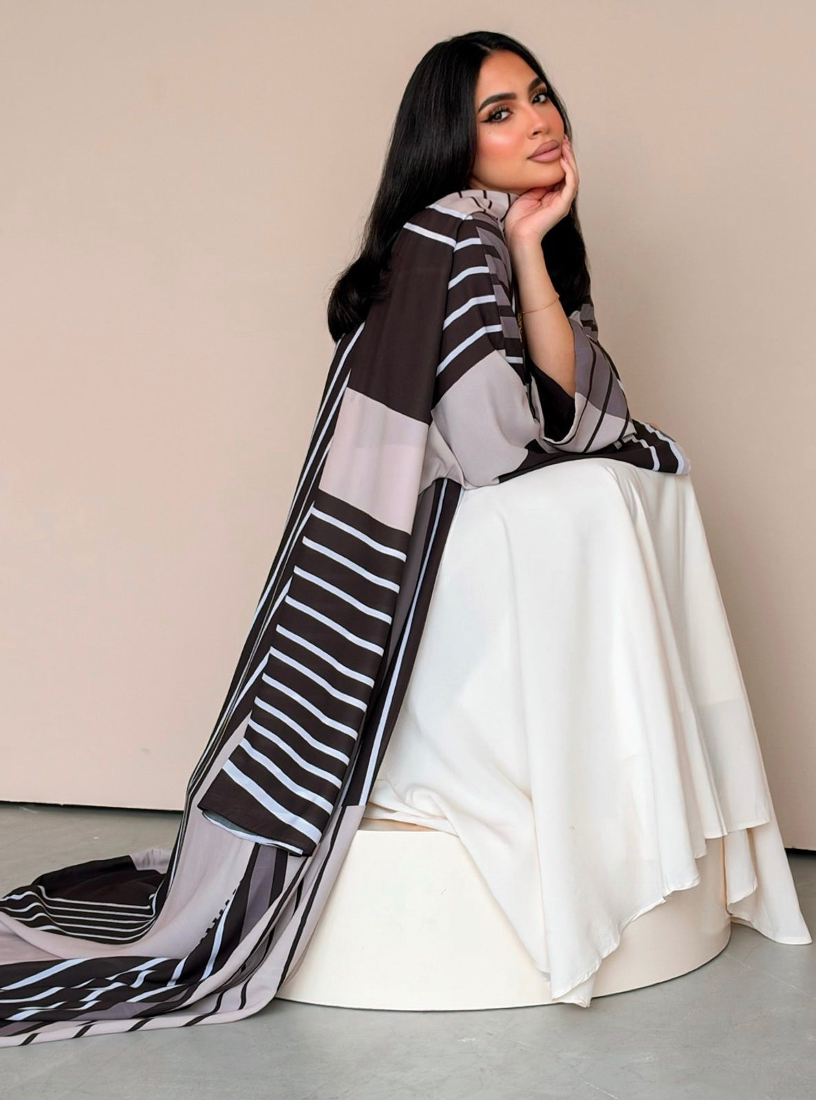 MEI788 - Stripes Print Half Bisht Abaya with Matching Headscarf