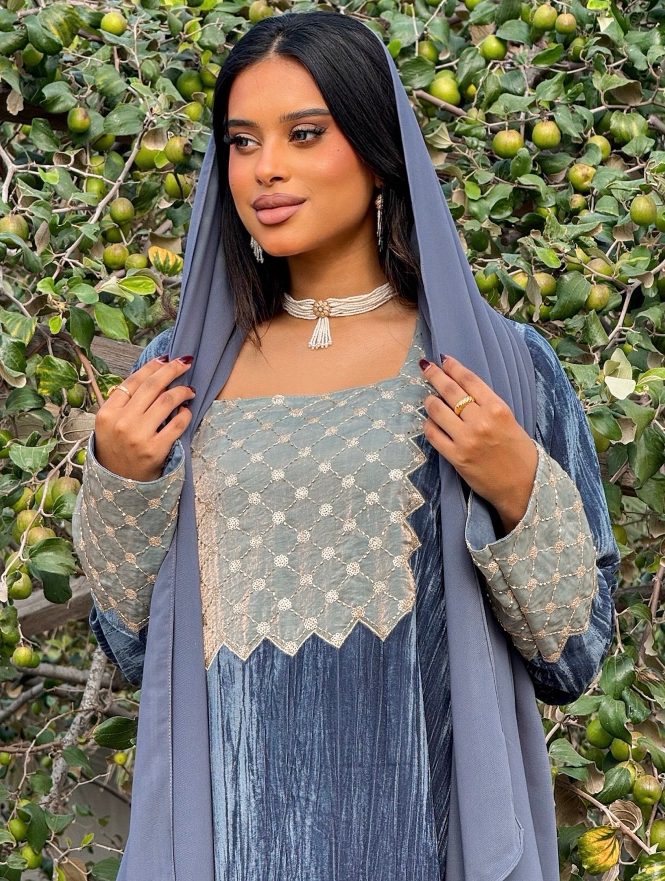 MEI668 - Grey Velvet & Embroidered Silk Jalabiya with Headscarf