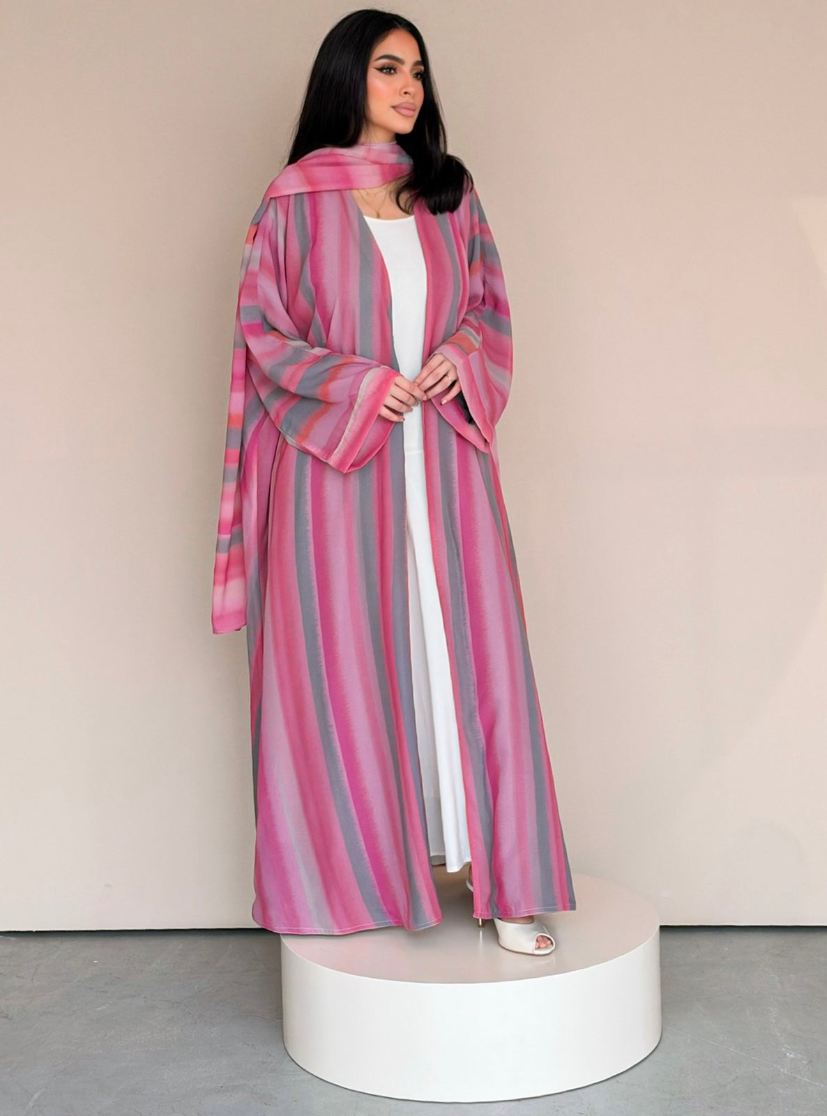 MEI784 - Striped Print Half Bisht Abaya with Matching Headscarf