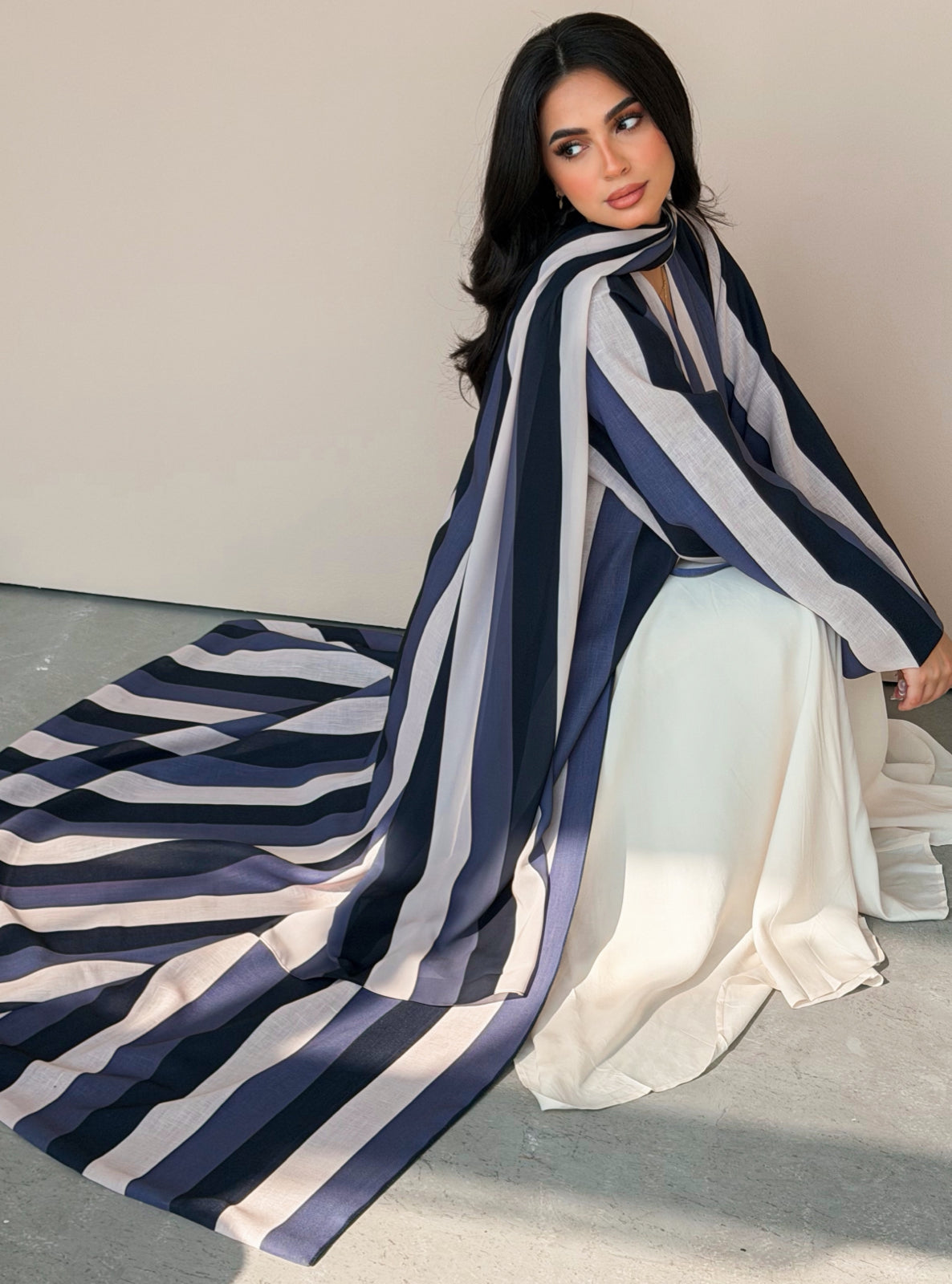 MEI765 - Striped A-Cut Linen Abaya with Matching Headscarf
