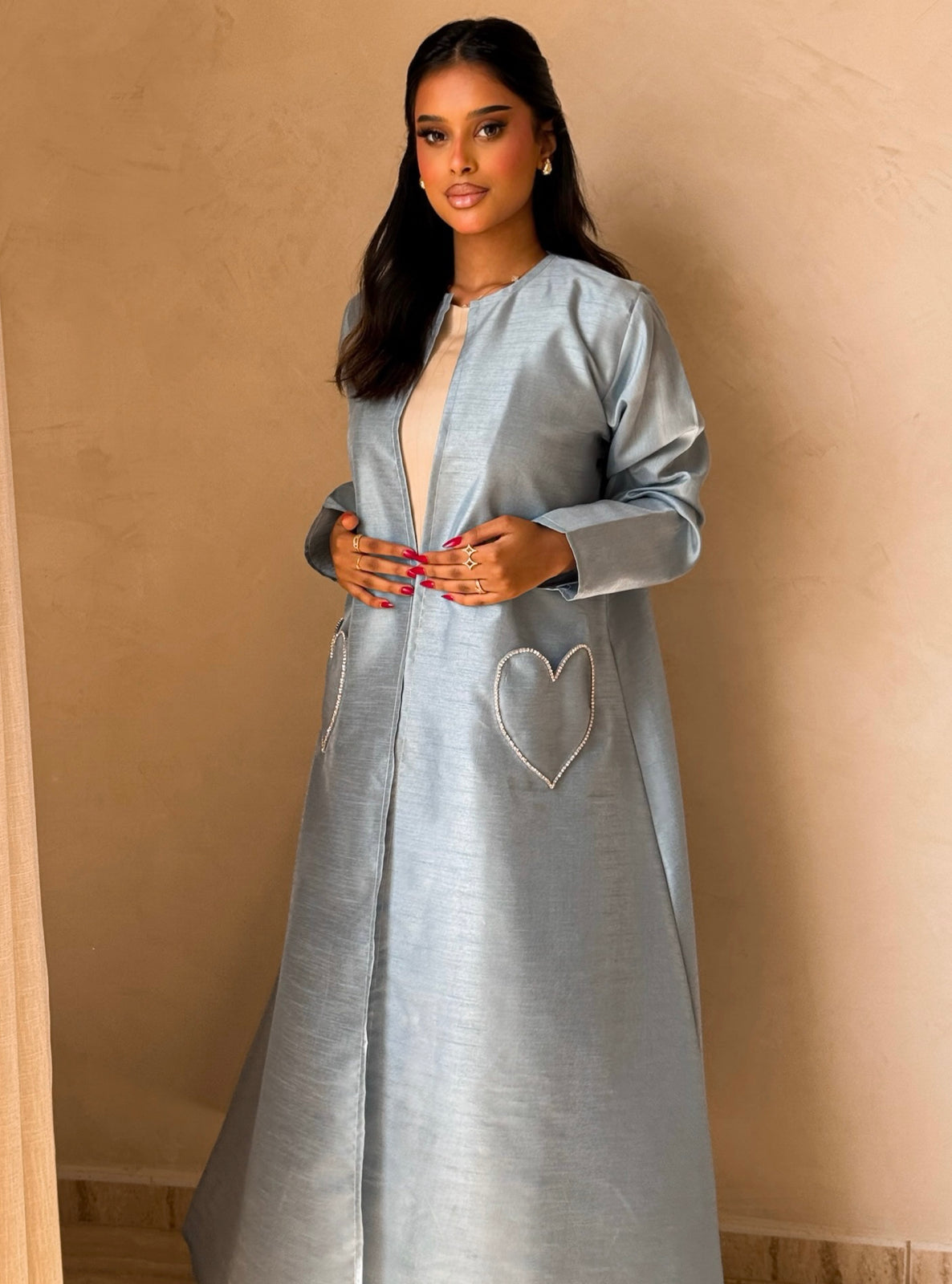 MEI726 - Light Blue A-Cut Taffeta & Crystals Abaya with Headscarf
