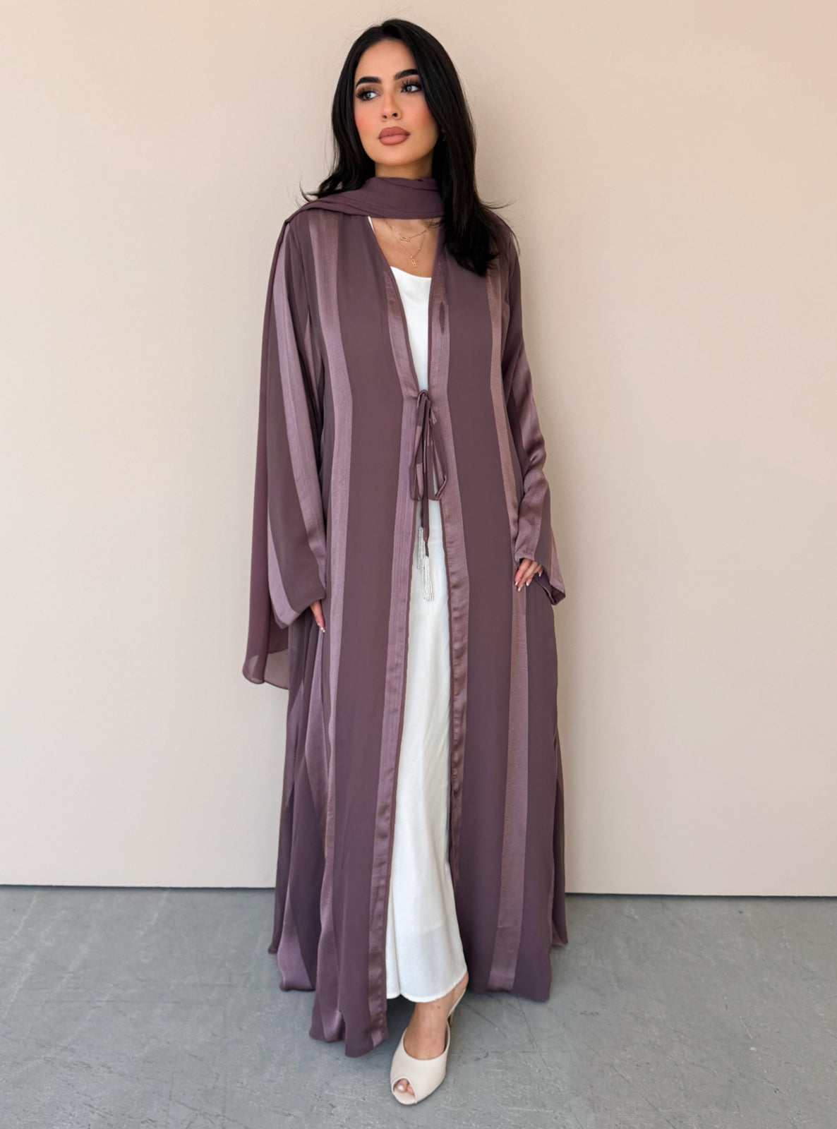 MEI769 - Aura A-Cut Abaya in Dusty Mauve with Matching Headscarf
