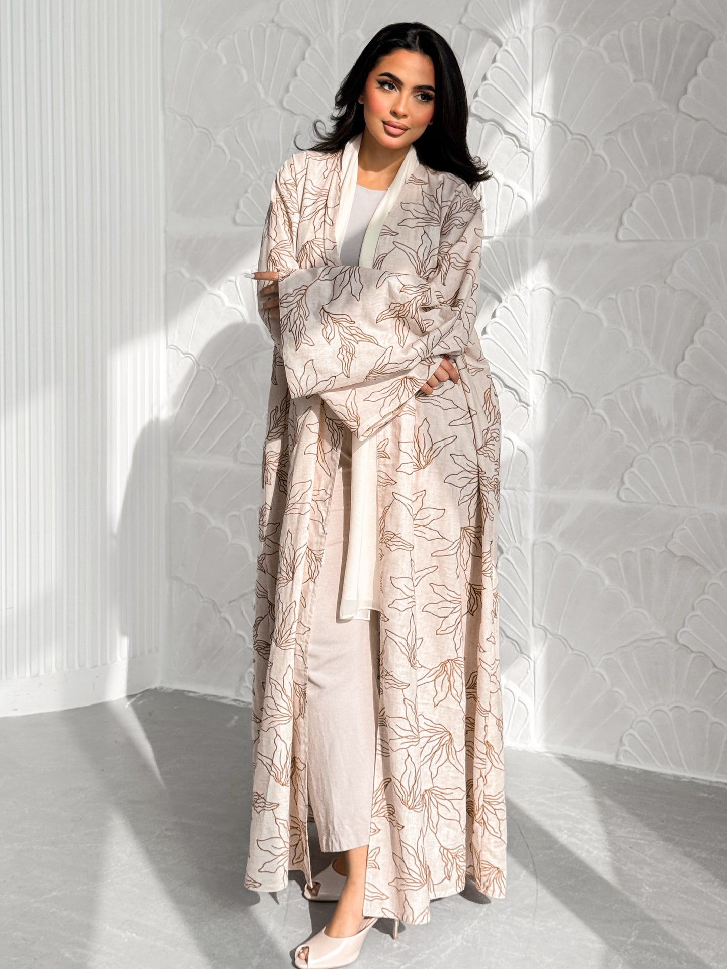 MEI606 - Indian Linen Abaya with Brown Embroidery