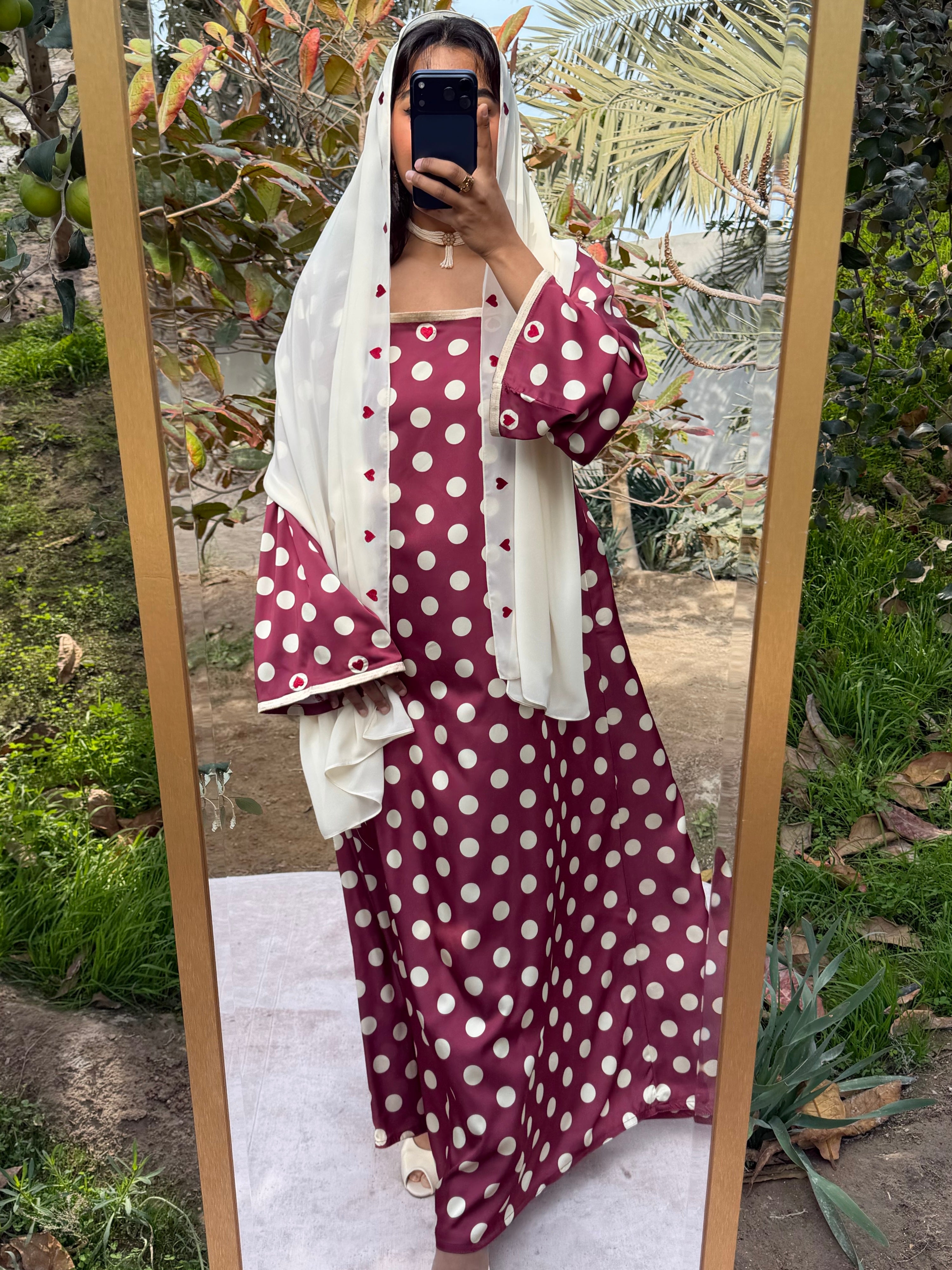 MEI693 - Maroon/Yellow Polka Dots & Hearts Embroidered Jalabiya with Headscarf