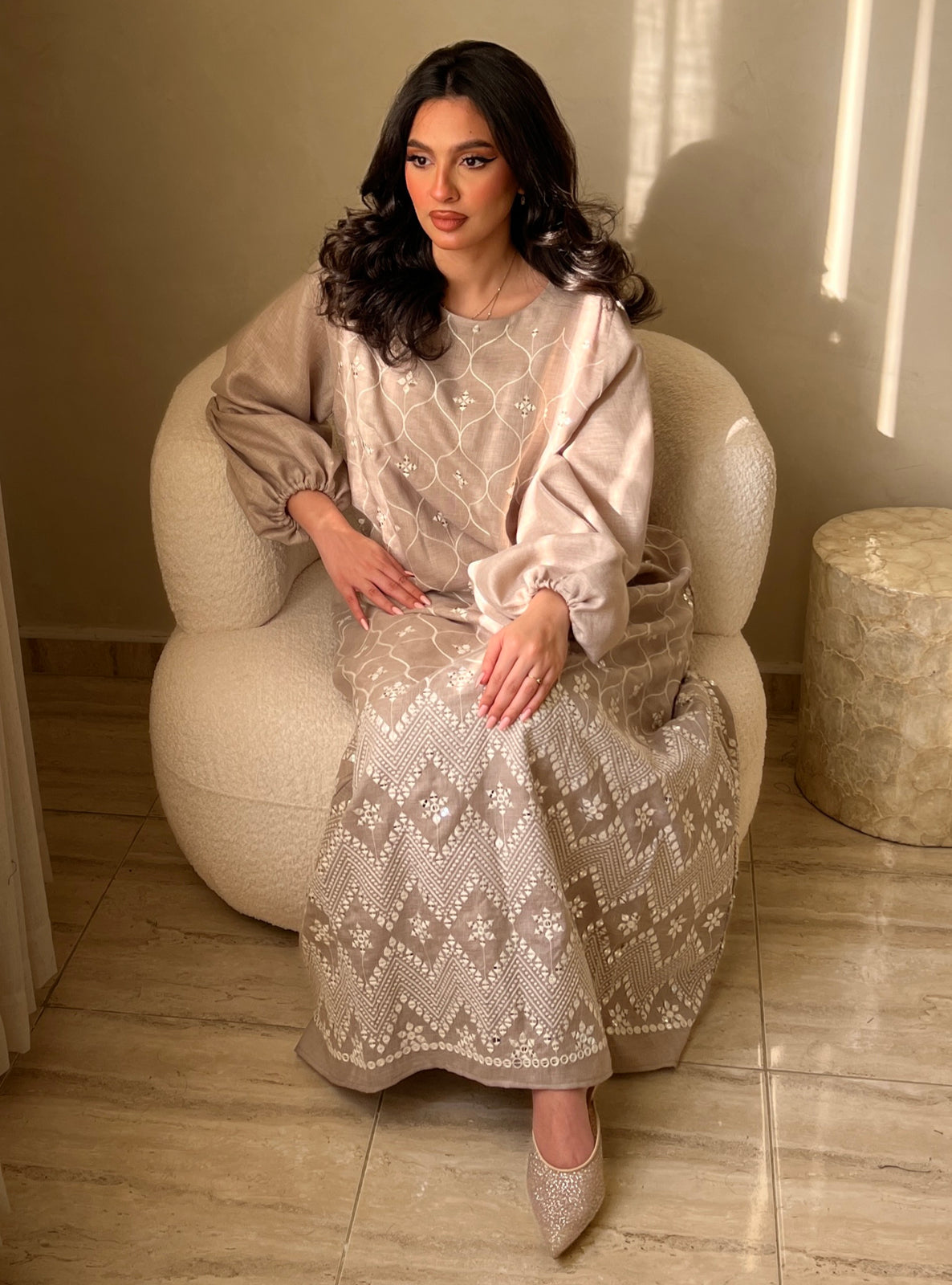 MEI524 - Beige Embroidered Jalabiya