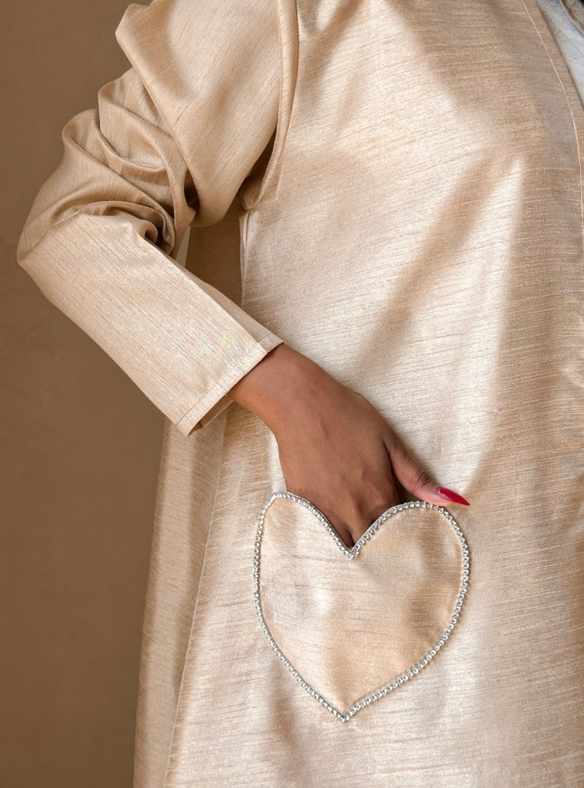 MEI725 - Beige A-Cut Taffeta & Crystals Abaya with Headscarf