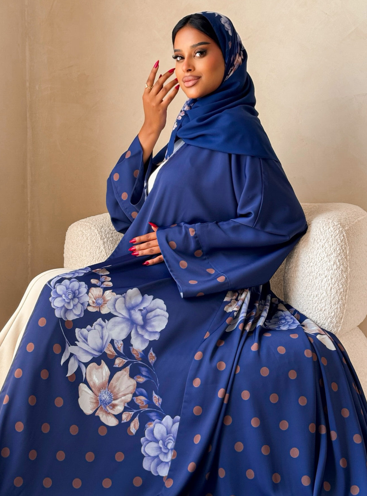 MEI740 - Sapphire Blue Half Bisht Polka Floral Abaya with Matching Headscarf