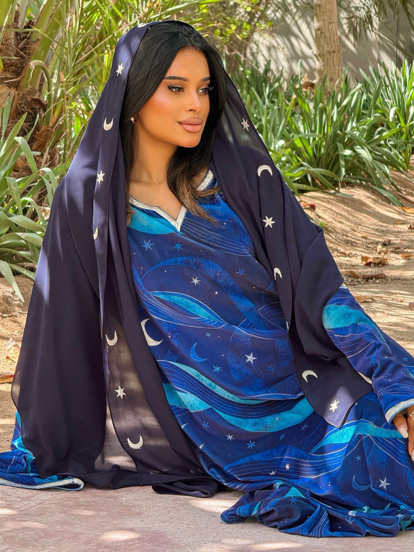 MEI709 - Navy Stars & Moon Embroidered Jalabiya with Headscarf