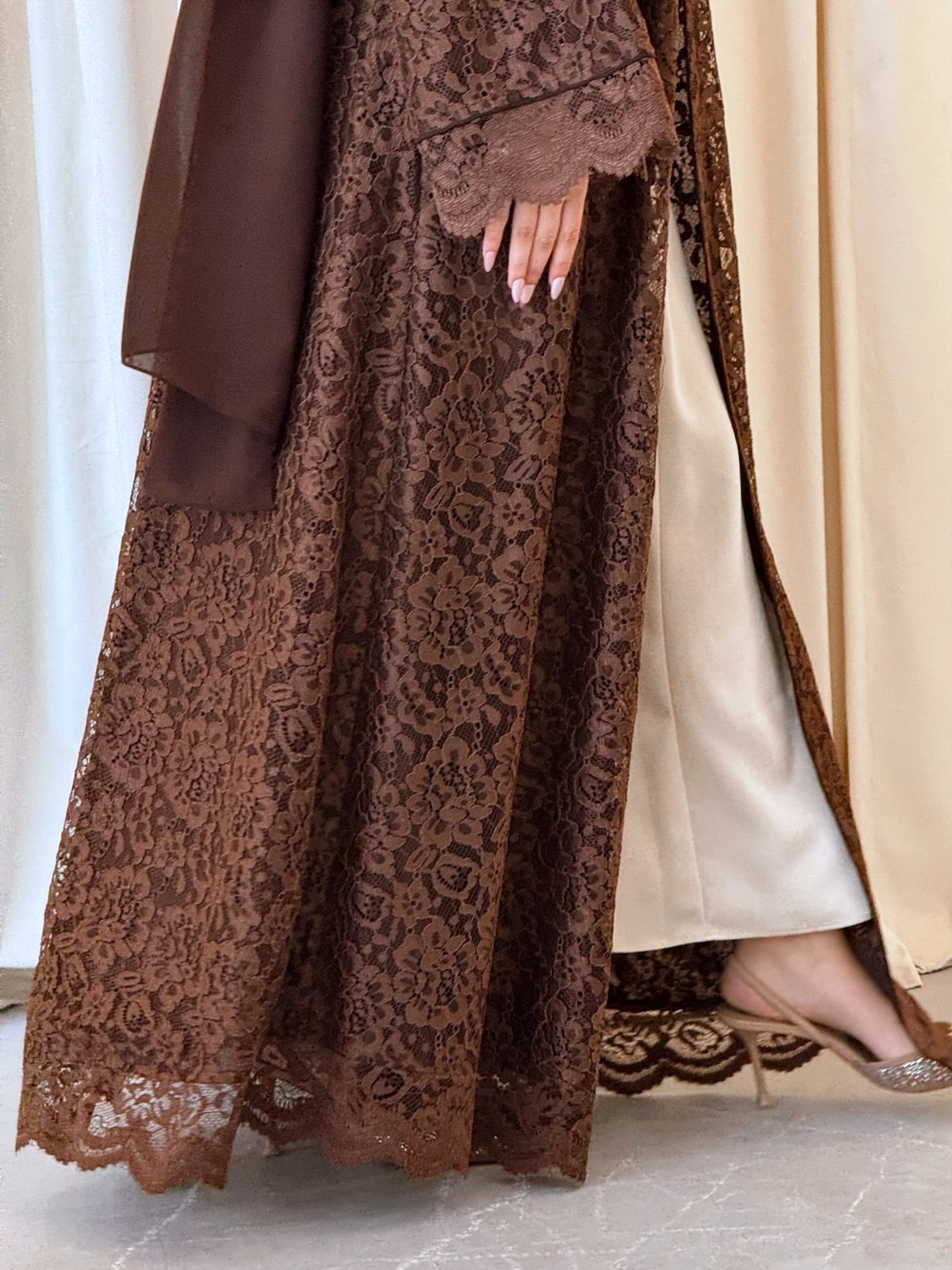 MEI713 - Brown Lace Abaya with Matching Headscarf