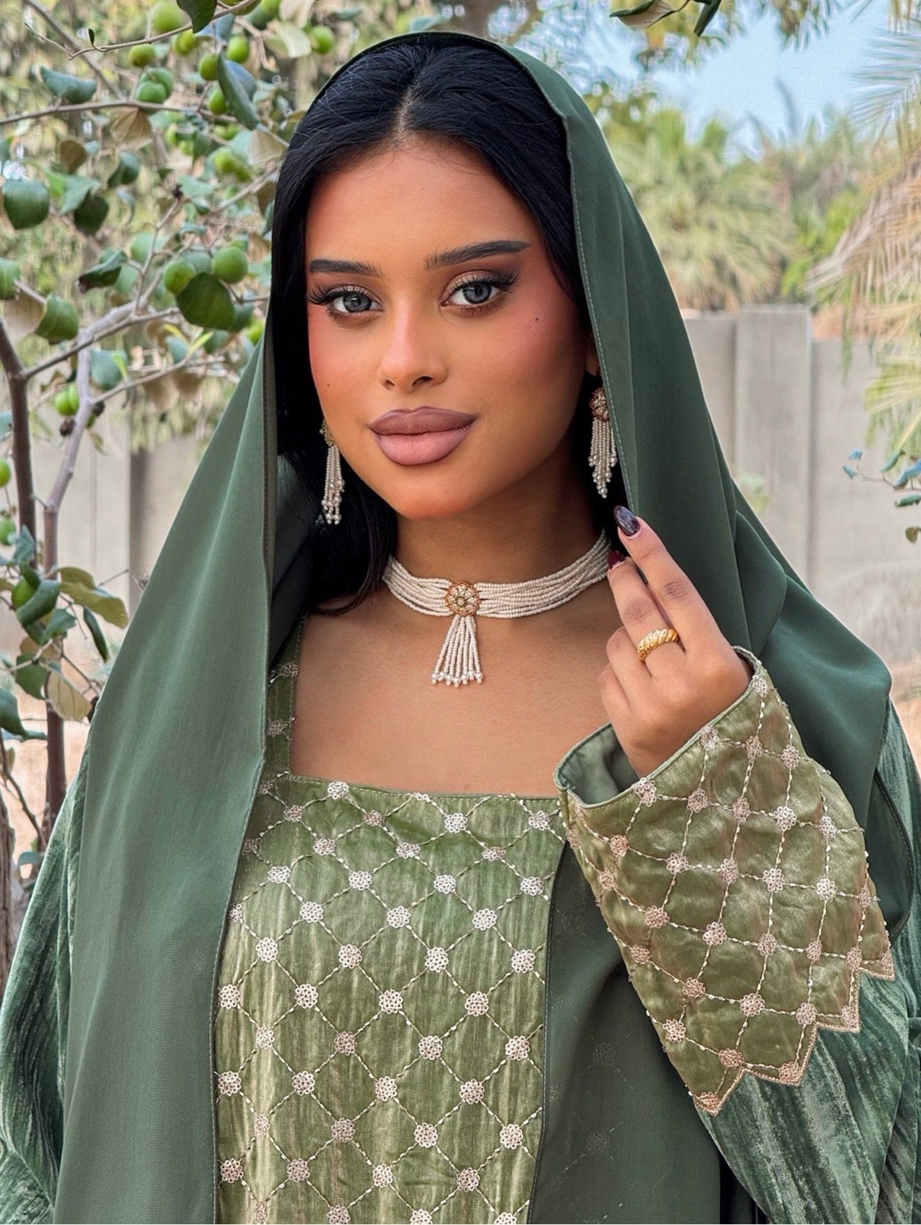 MEI669 - Green Velvet & Embroidered Silk Jalabiya with Headscarf