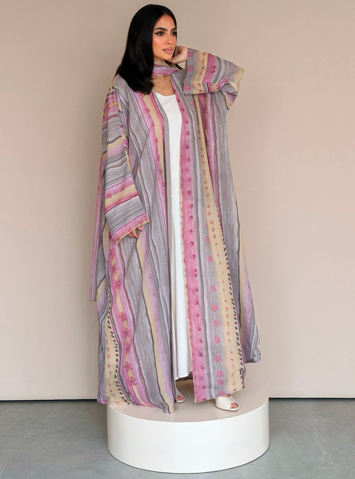 MEI785 - Floral & Stripes Print Half Bisht Abaya with Matching Headscarf