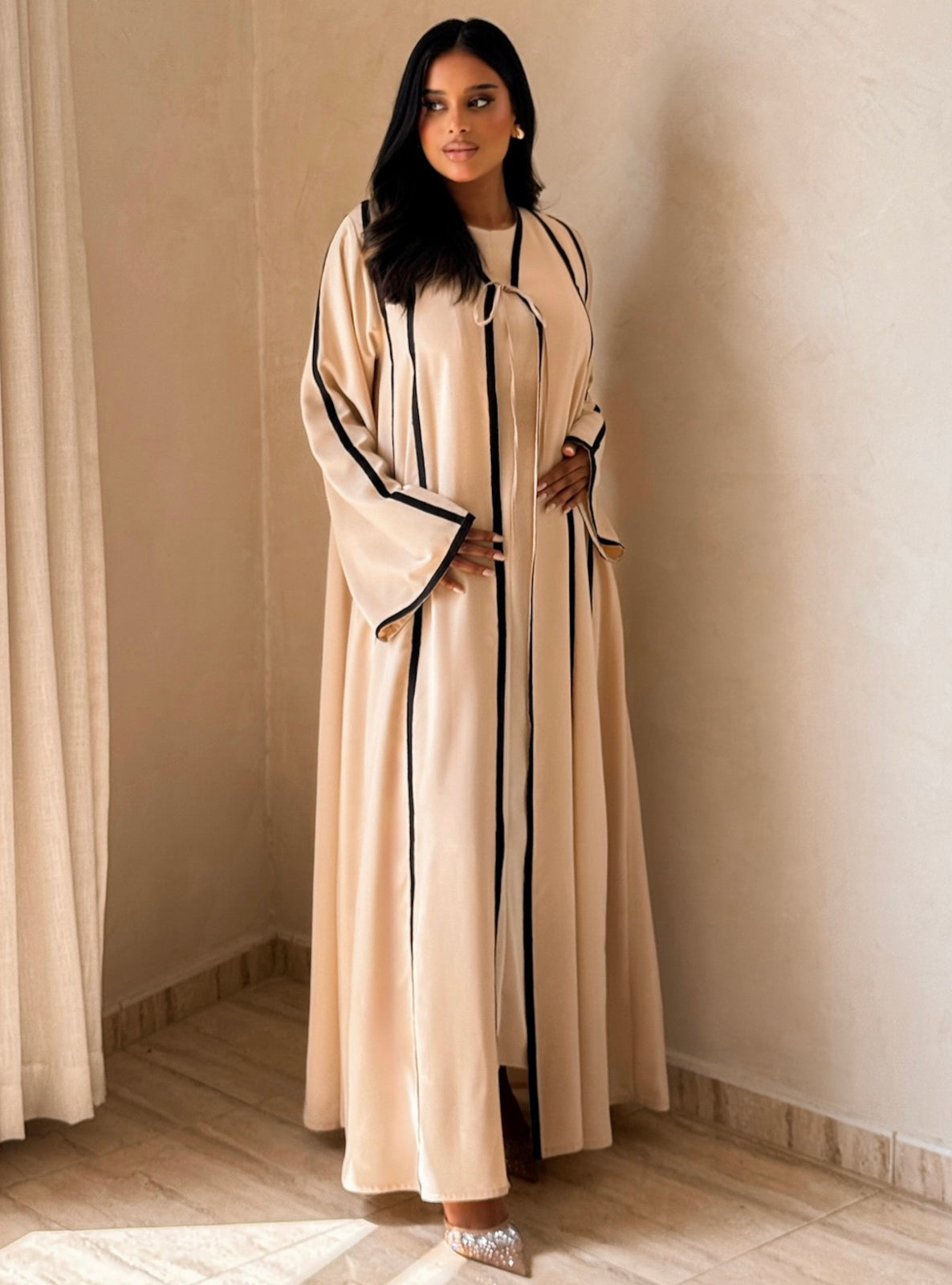 MEI736 - Beige A-Cut Abaya with Black Embroidery & Matching Headscarf