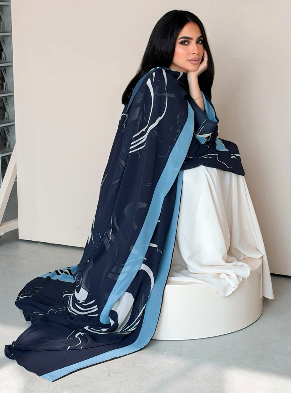 MEI787 - Swirl Print Half Bisht Abaya with Matching Headscarf