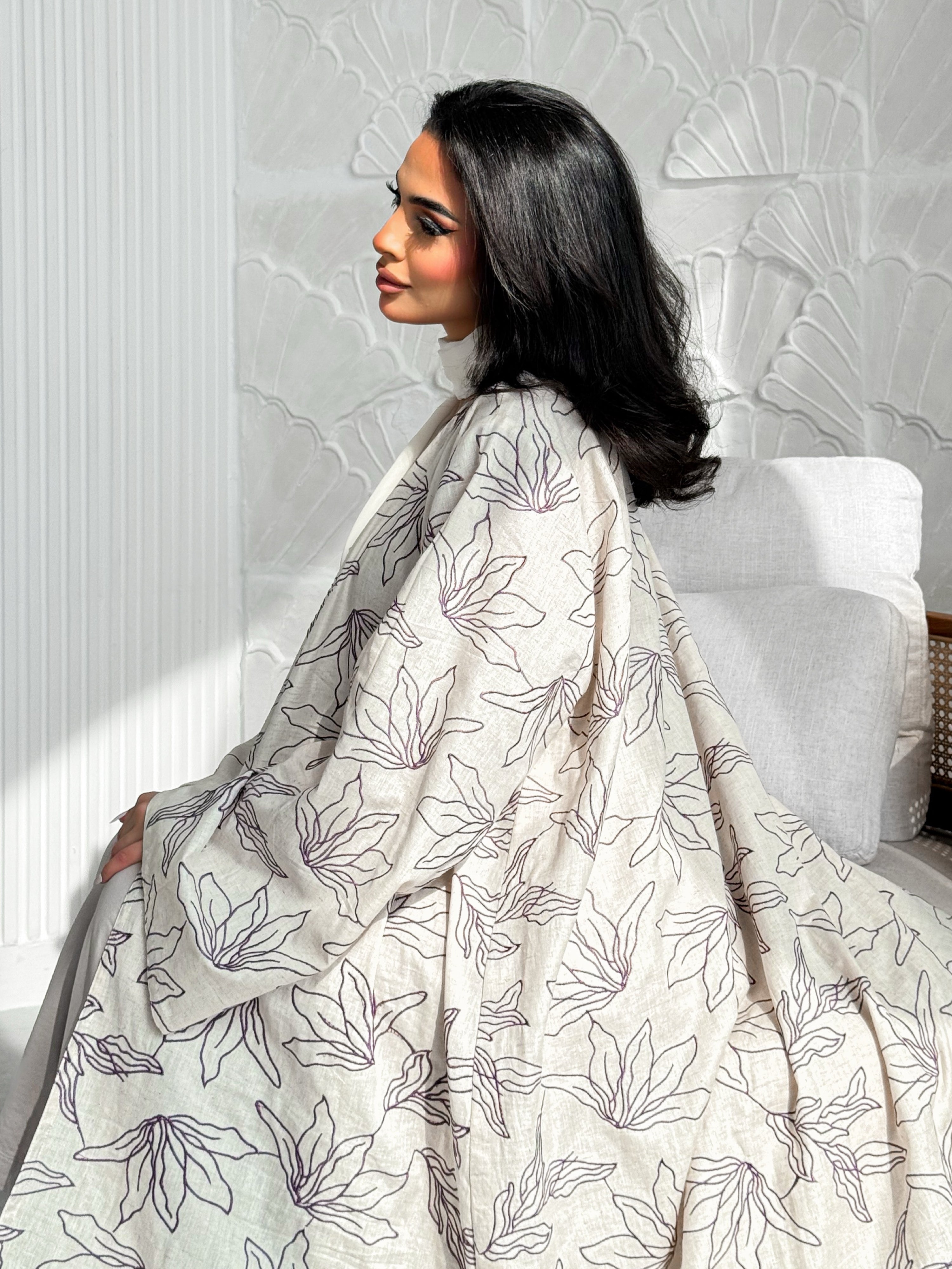 MEI607 - Indian Linen Abaya with Deep Purple Embroidery