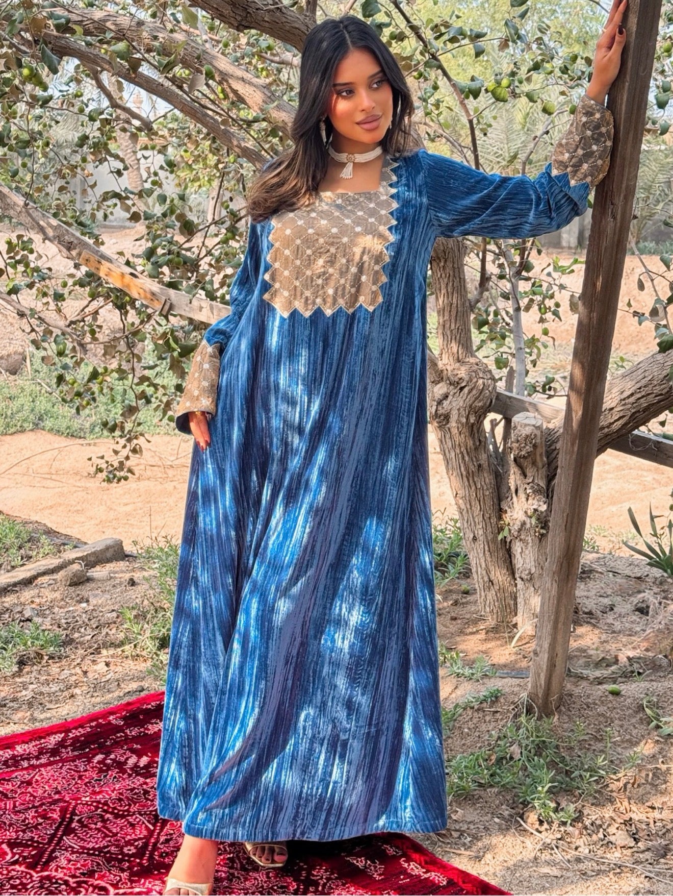 MEI670 - Blue Velvet & Embroidered Silk Jalabiya with Headscarf