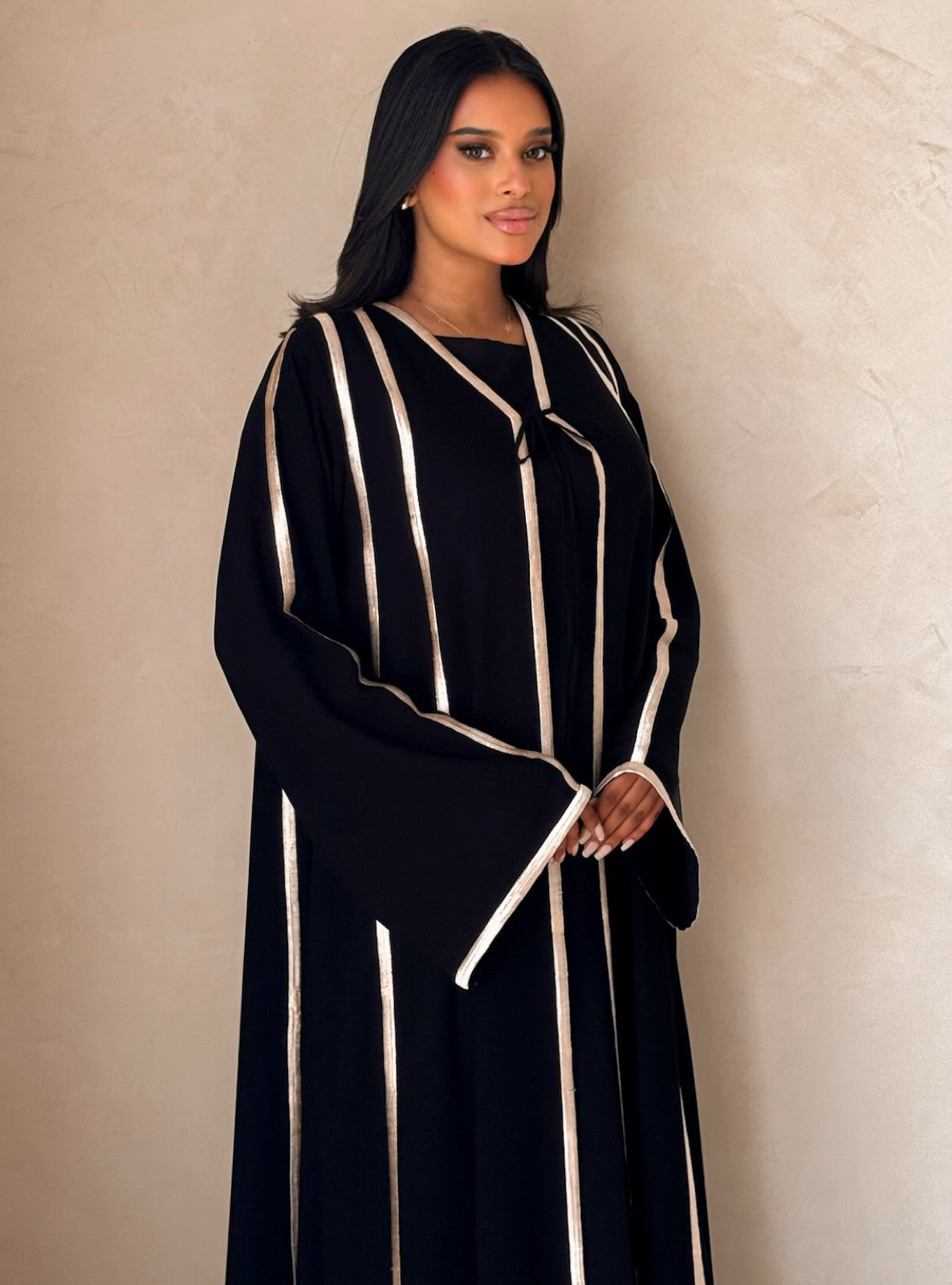 MEI735 - Black A-Cut Abaya with Cream Embroidery & Matching Headscarf