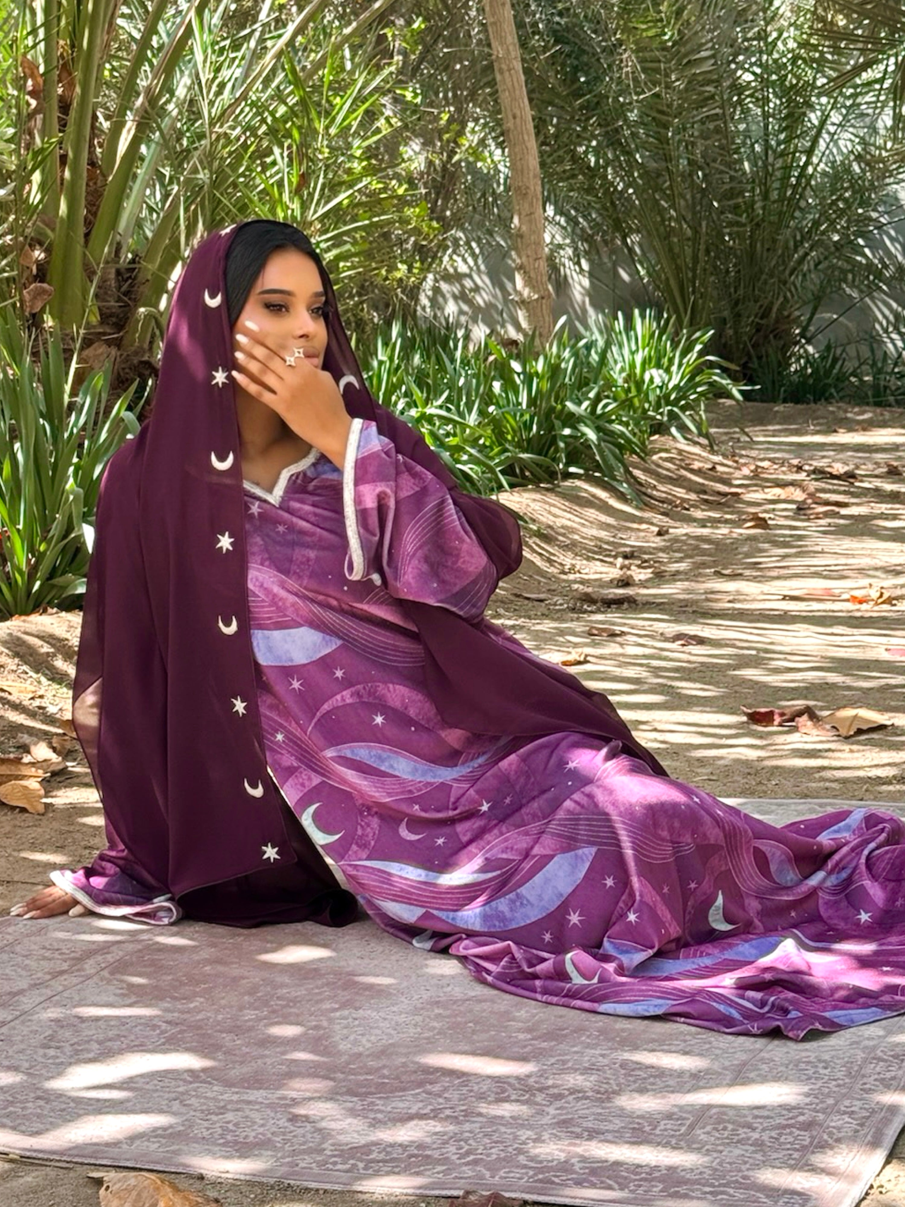 MEI710 - Burgundy Stars & Moon Embroidered Jalabiya with Headscarf