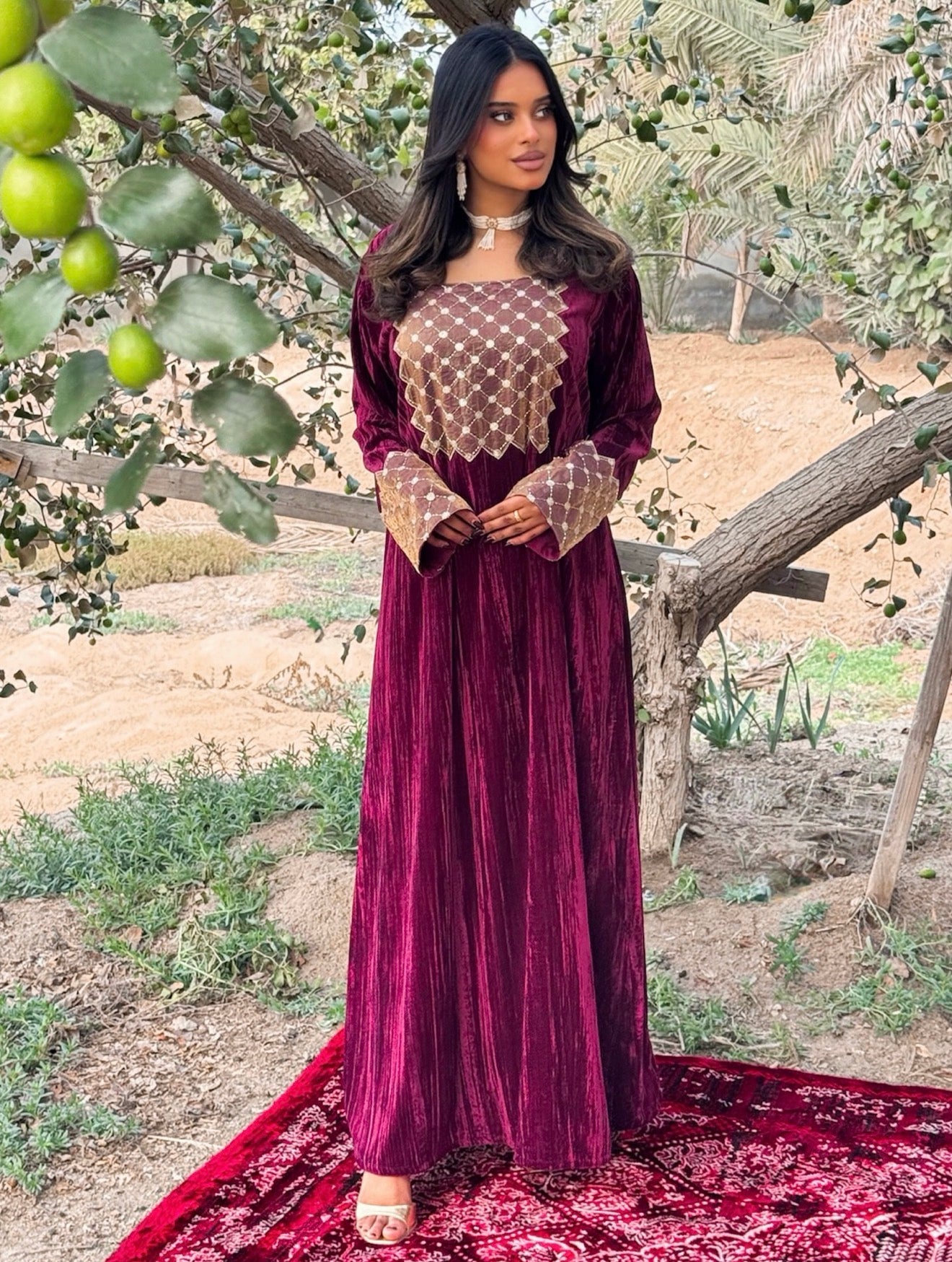 MEI671 - Burgundy Velvet & Embroidered Silk Jalabiya with Headscarf