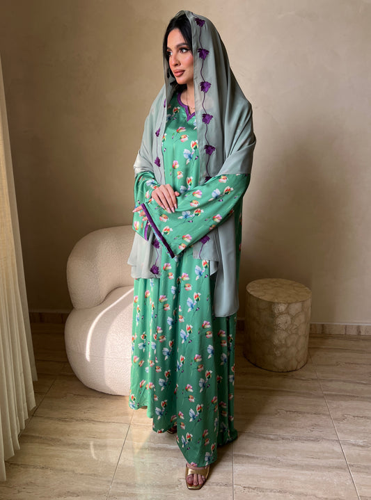 MEI519 - Grace in Sage Bloom / Floral Embroidered Jalabiya and Shaila