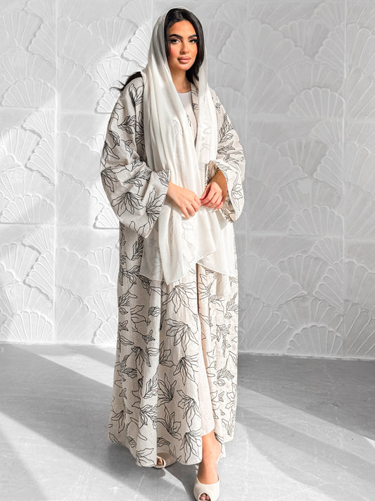MEI604 - Indian Linen Abaya with Black Embroidery