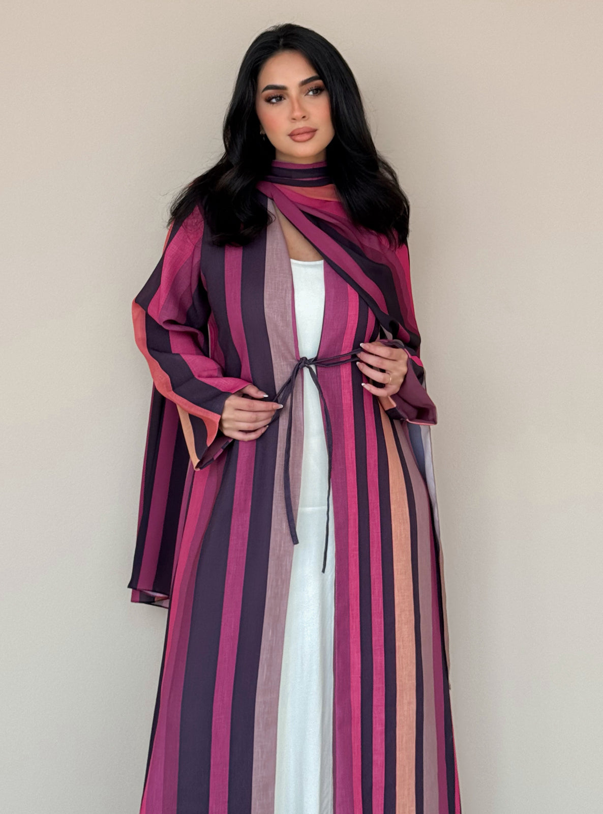 MEI764 - Striped A-Cut Linen Abaya with Matching Headscarf