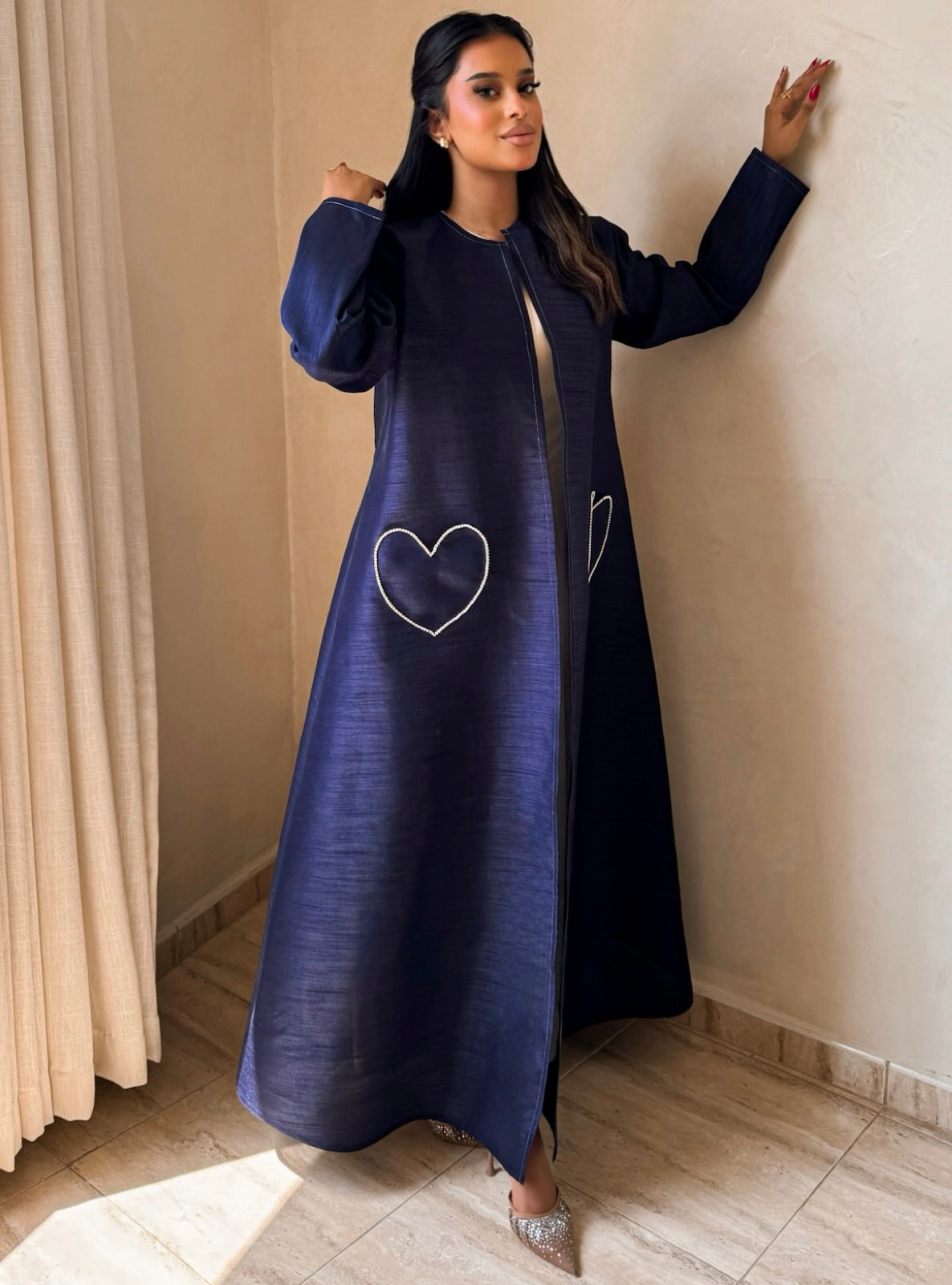 MEI728 - Navy A-Cut Taffeta & Crystals Abaya with Headscarf