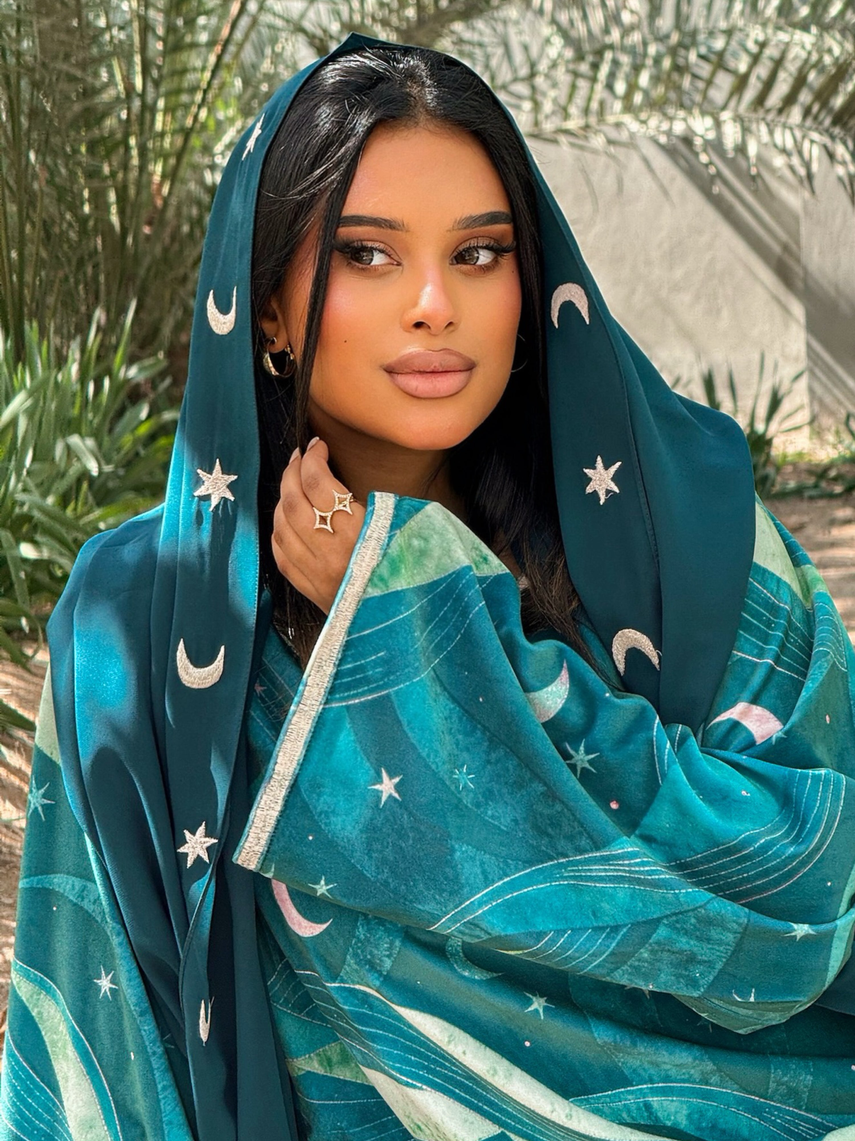 MEI706 - Green Stars & Moon Embroidered Jalabiya with Headscarf