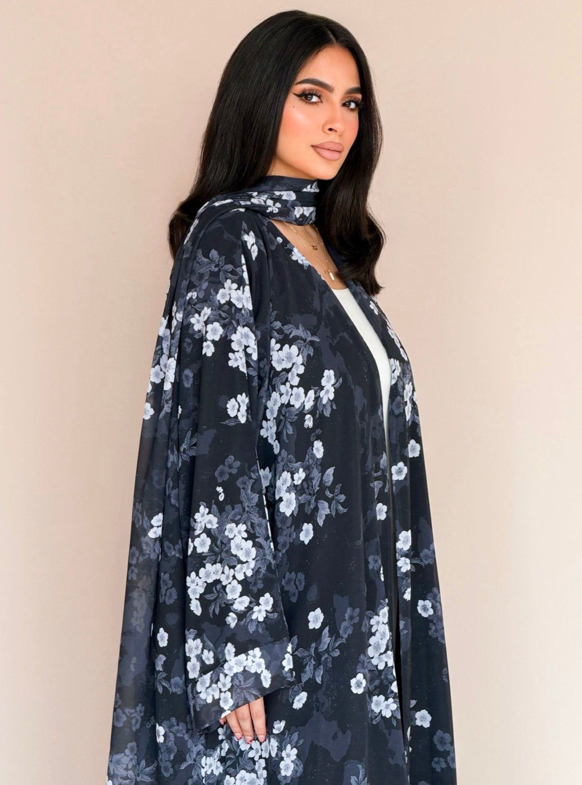 MEI777 - Floral Print Half Bisht Abaya with Matching Headscarf
