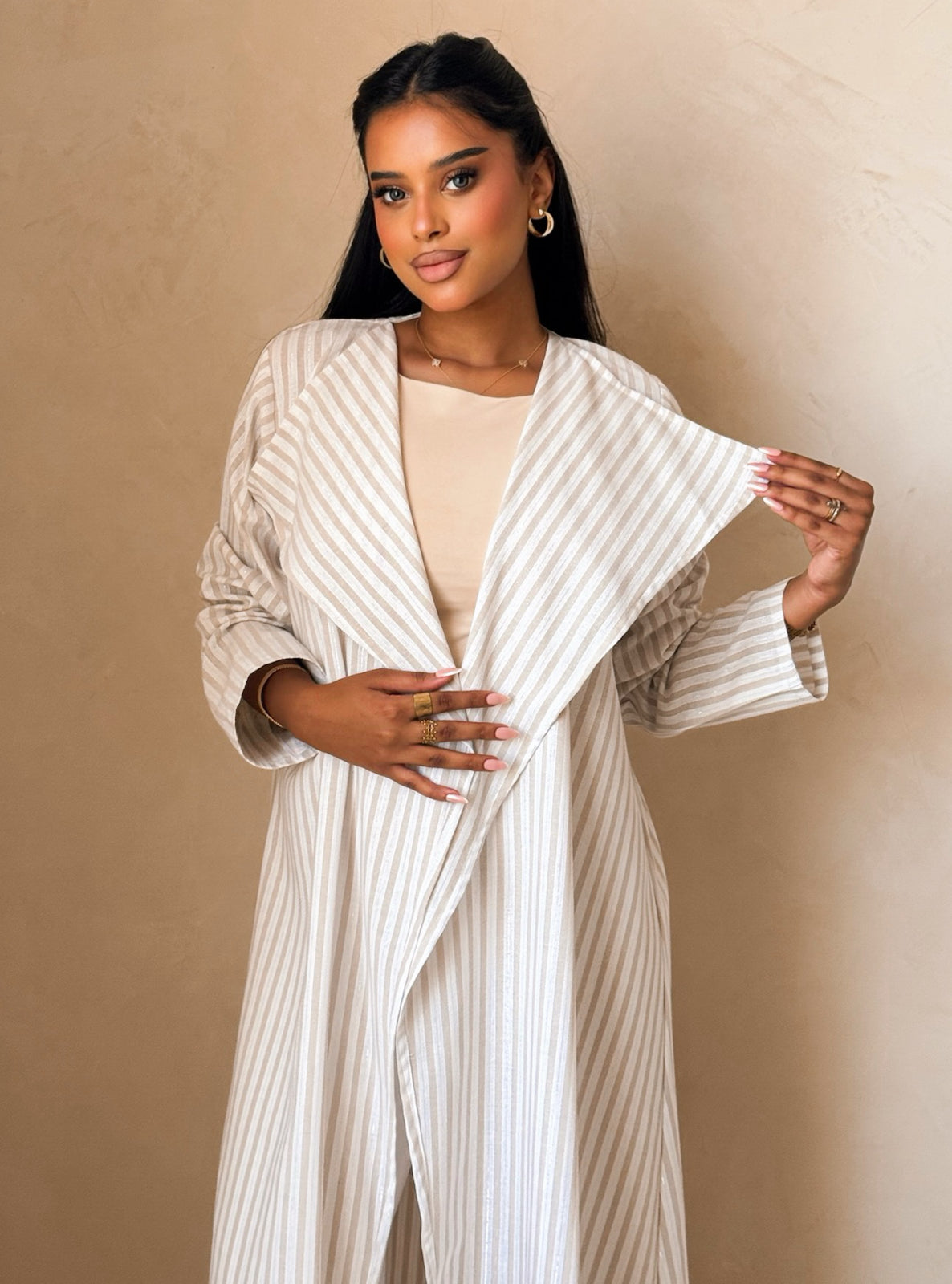 MEI744 - Striped Soft Ivory A-Cut Linen Abaya with Matching Headscarf