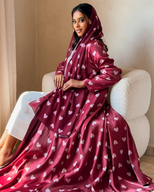 MEI721 - Maroon & Pink Hearts Organza Abaya ♥️🩷