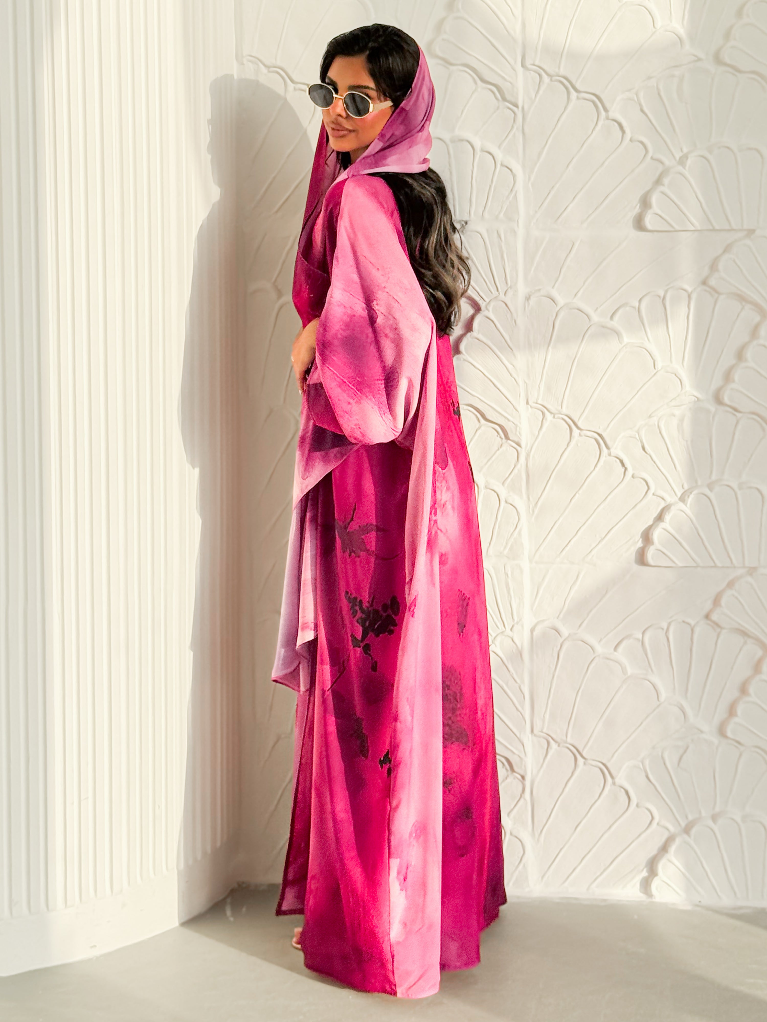 MEI625 - Pink Floral Print Abaya
