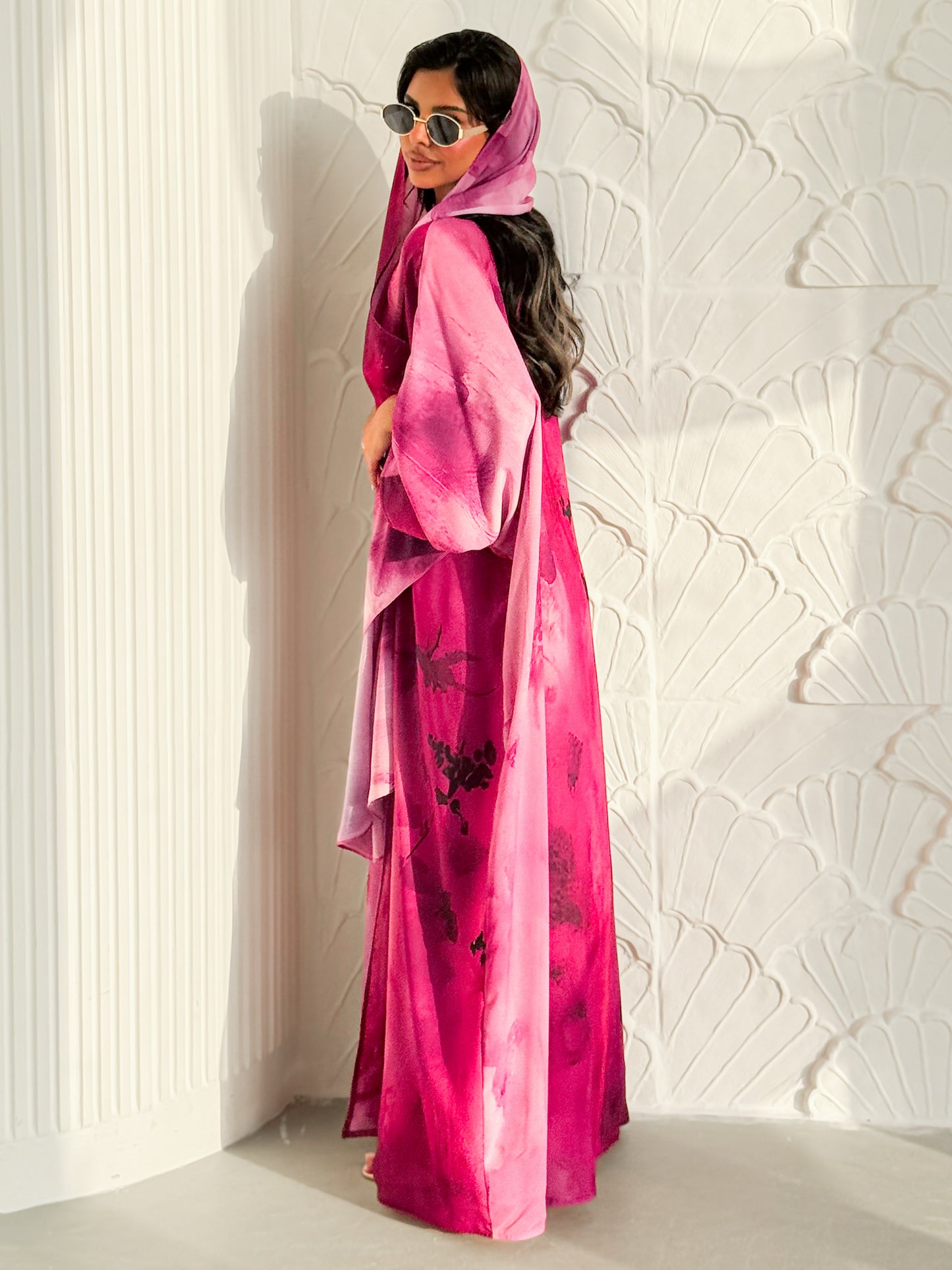 MEI625 - Pink Floral Print Abaya