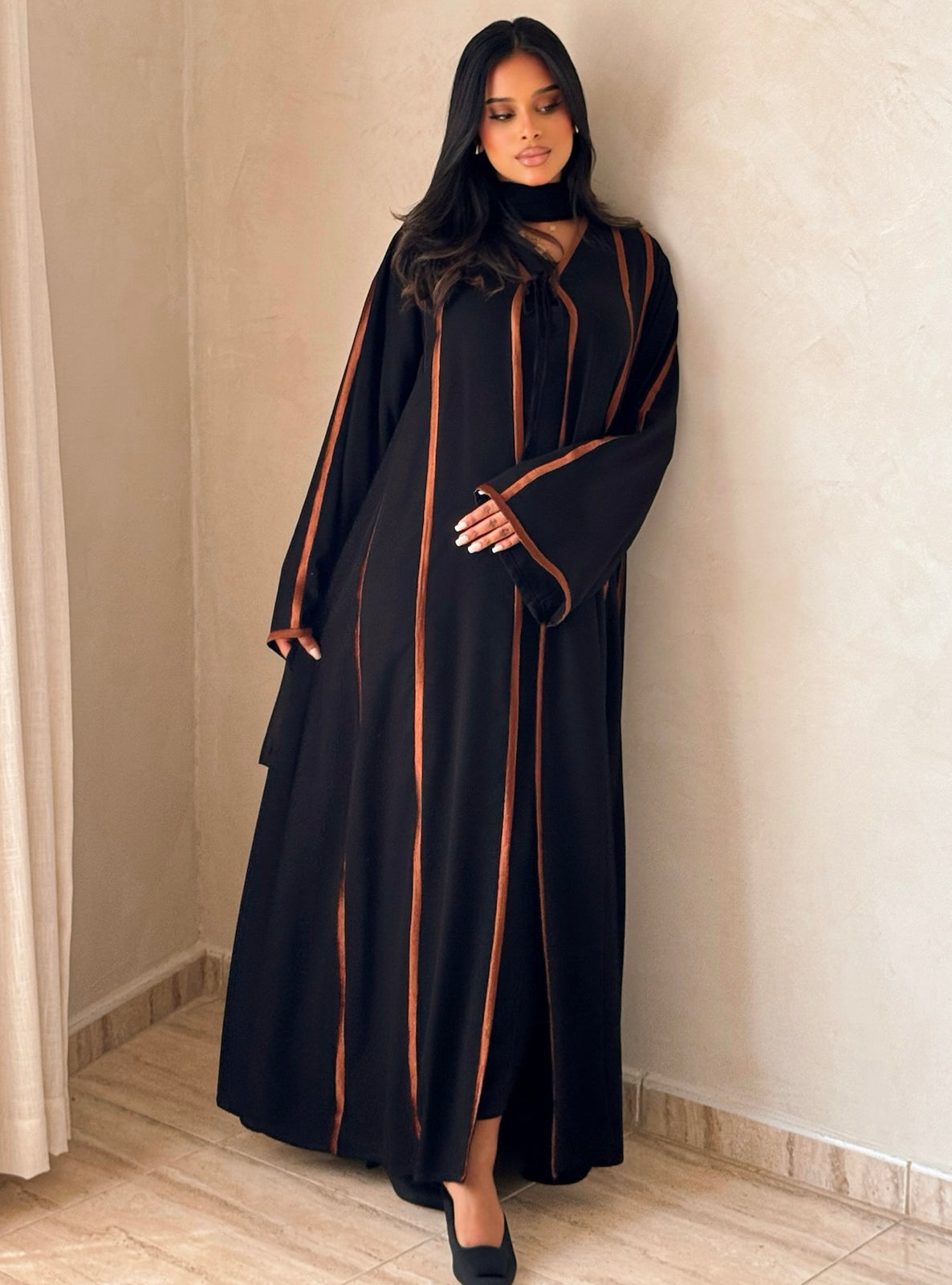 MEI734 - Black A-Cut Abaya with Brown Embroidery & Matching Headscarf