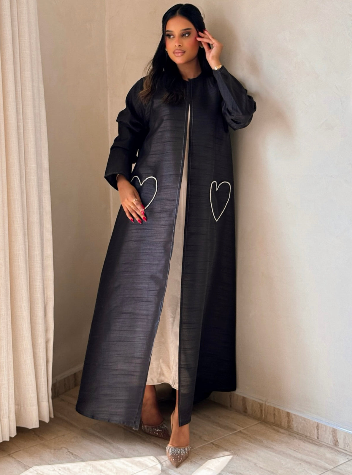 MEI730 - Black A-Cut Taffeta & Crystals Abaya with Headscarf