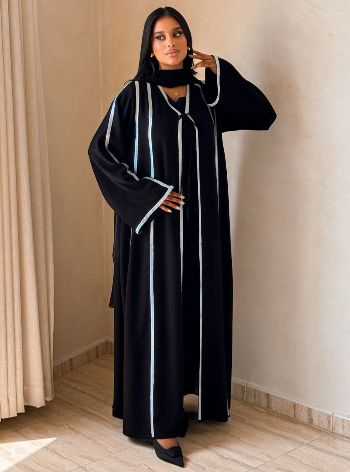 MEI733 - Black A-Cut Abaya with Light Blue Embroidery & Matching Headscarf