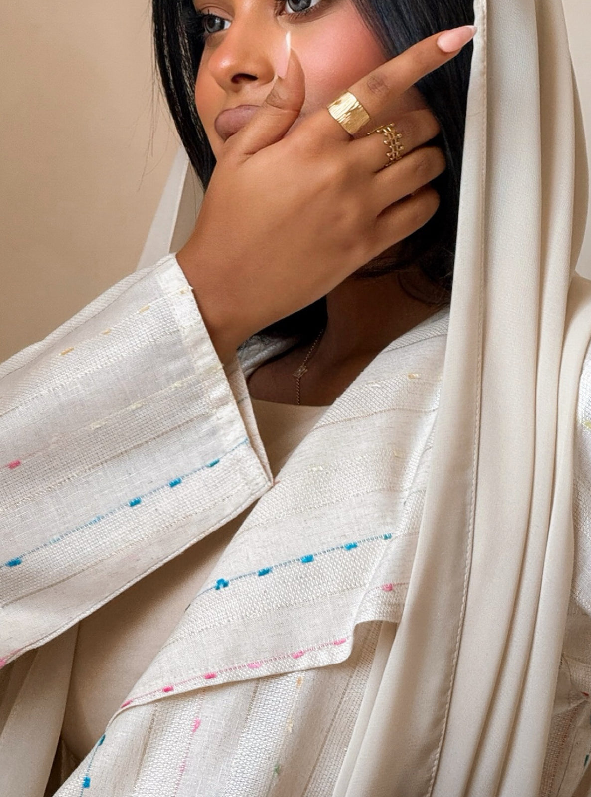 MEI746 - Striped Soft Ivory A-Cut Linen Abaya with Matching Headscarf