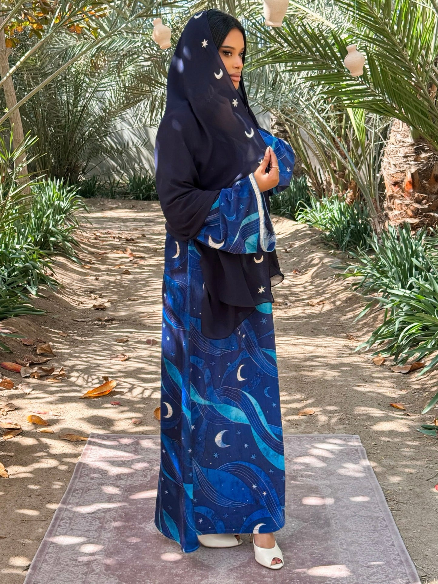 MEI709 - Navy Stars & Moon Embroidered Jalabiya with Headscarf